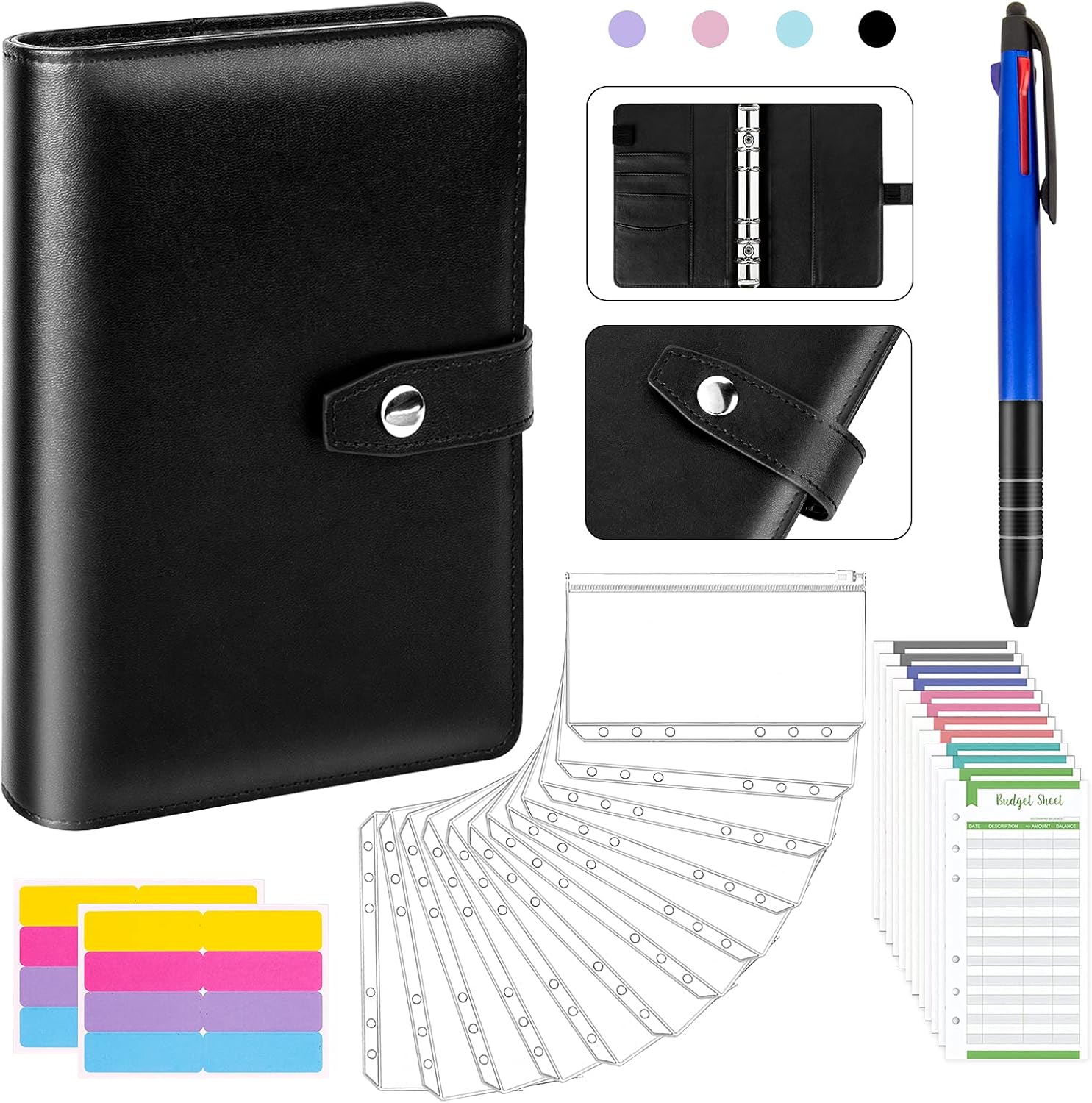 Budget Binder with Zipper Envelopes - Cash Envelopes for Budgeting, Money Organizer For Cash, A6 PU Leather Binder with Pen, Expense Trackers, Lable Stickers : Office Products