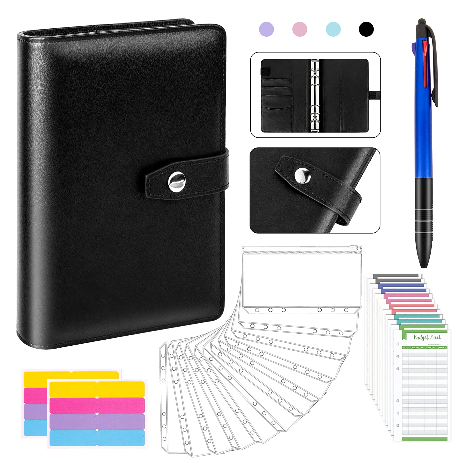 Budget Binder with Zipper Envelopes - Cash Envelopes for Budgeting, Money Organizer For Cash, A6 PU Leather Binder with Pen, Expense Trackers, Lable Stickers