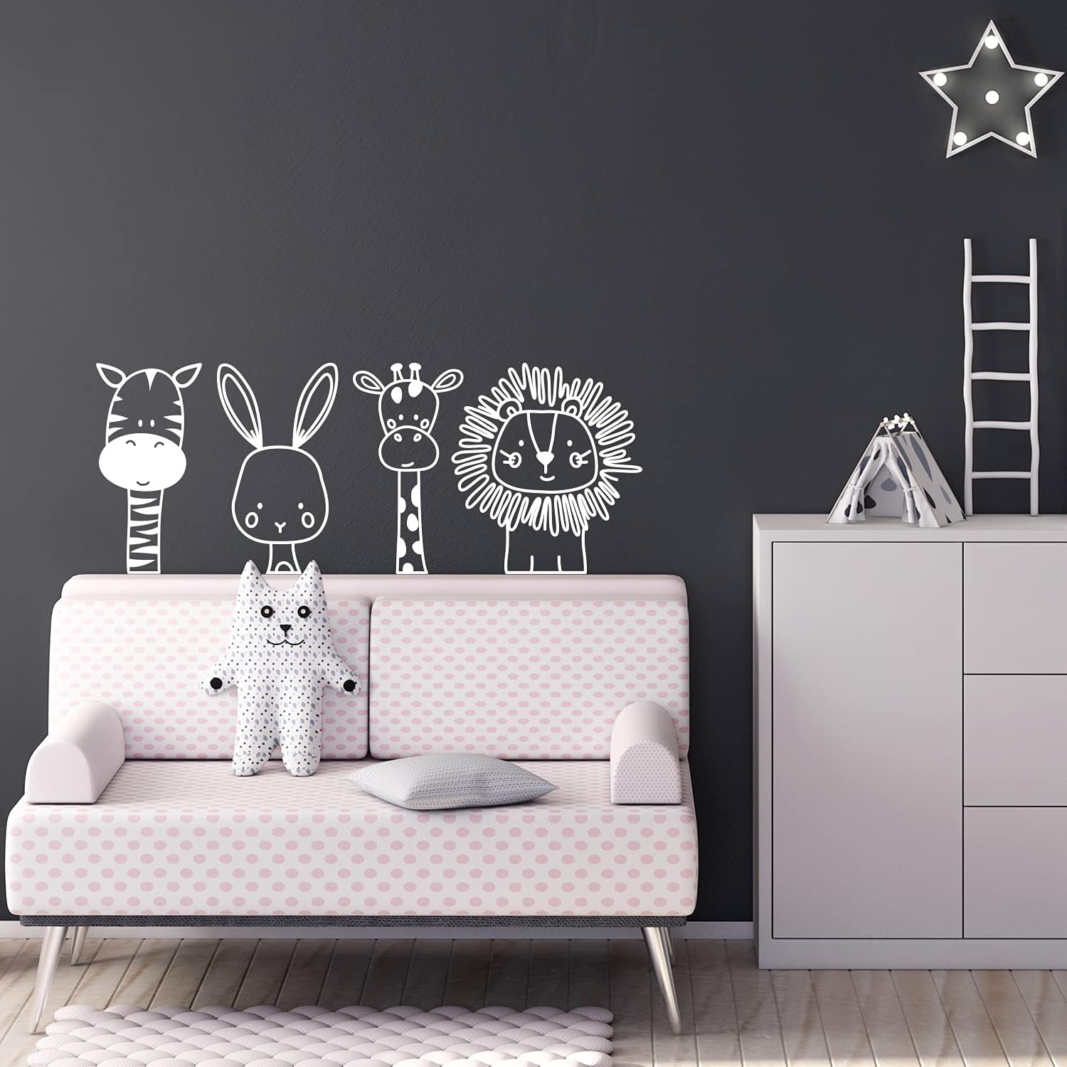 Set of 4 Vinyl Wall Art Decal - Zebra Rabbit Giraffe Lion - 17" x 44" - Cute Modern Design for Animal Lovers Home Apartment Bedroom Window Playroom Classroom Nursery Indoor Decoration (White)