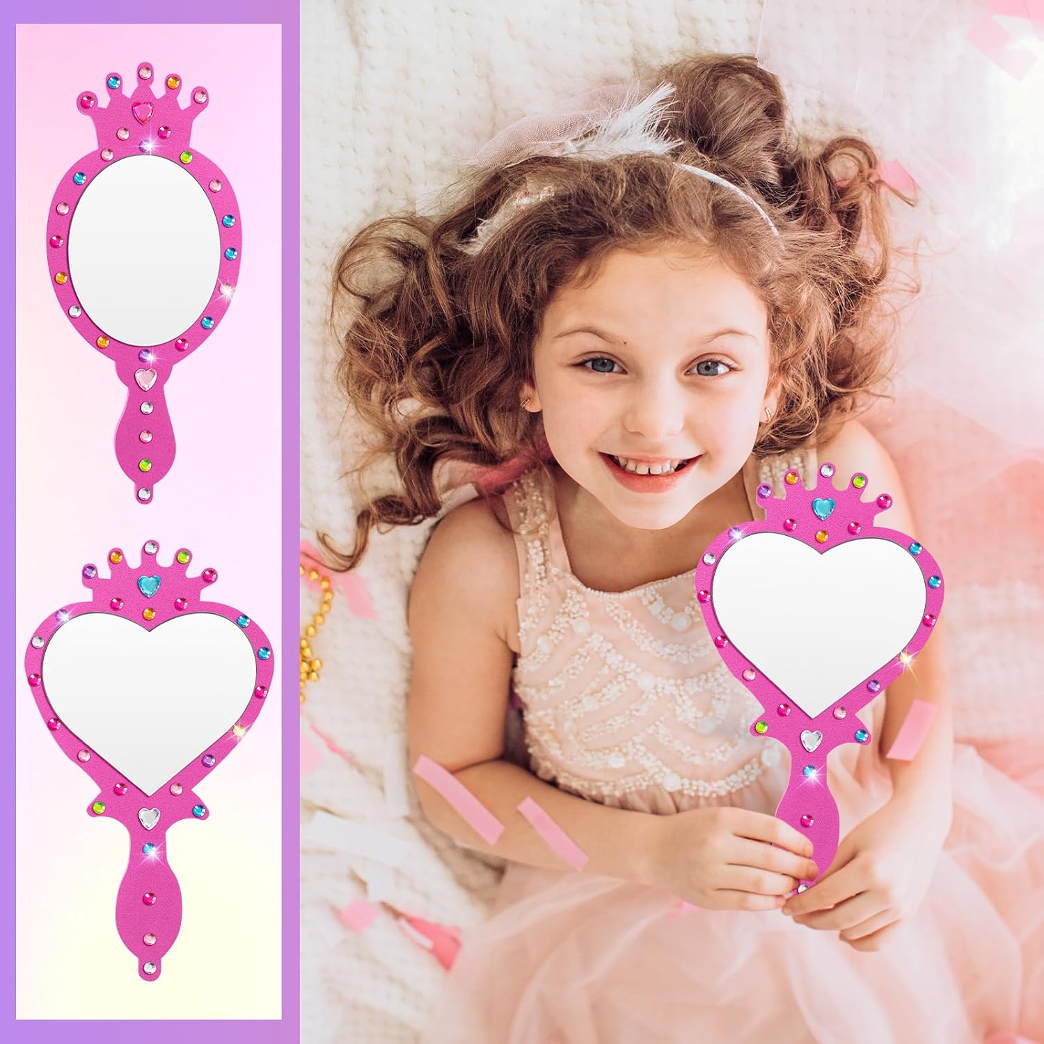 Geetery 20 Pcs Unbreakable Kids Mirror DIY Decorate Your Own Princess Mirror Mermaid Princess Foam Small Crafts for Princess Party Decorations(Pink)