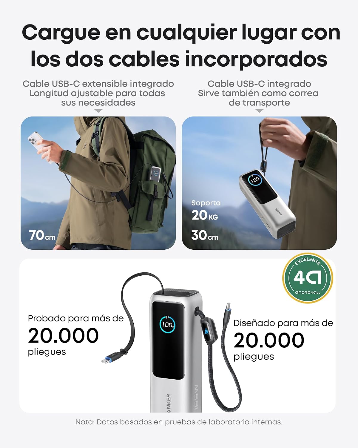 Anker Zolo Power Bank Cargador portátil de 25000mAh y 165W, Tres Puertos USB-C de 100W MAX, Apto para Avión, Cables Integrados y retráctiles, para iPhone 17/16/15, MacBook y más 4