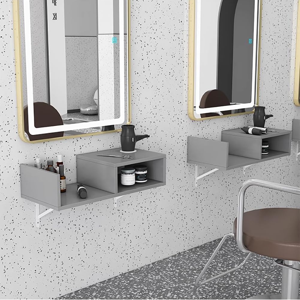 理髪店プロの壁掛けツールベンチ、引き出しとヘアドライヤーホルダー付きの木製プロ理髪ステーション、フローティング理髪キャビネット,Cl