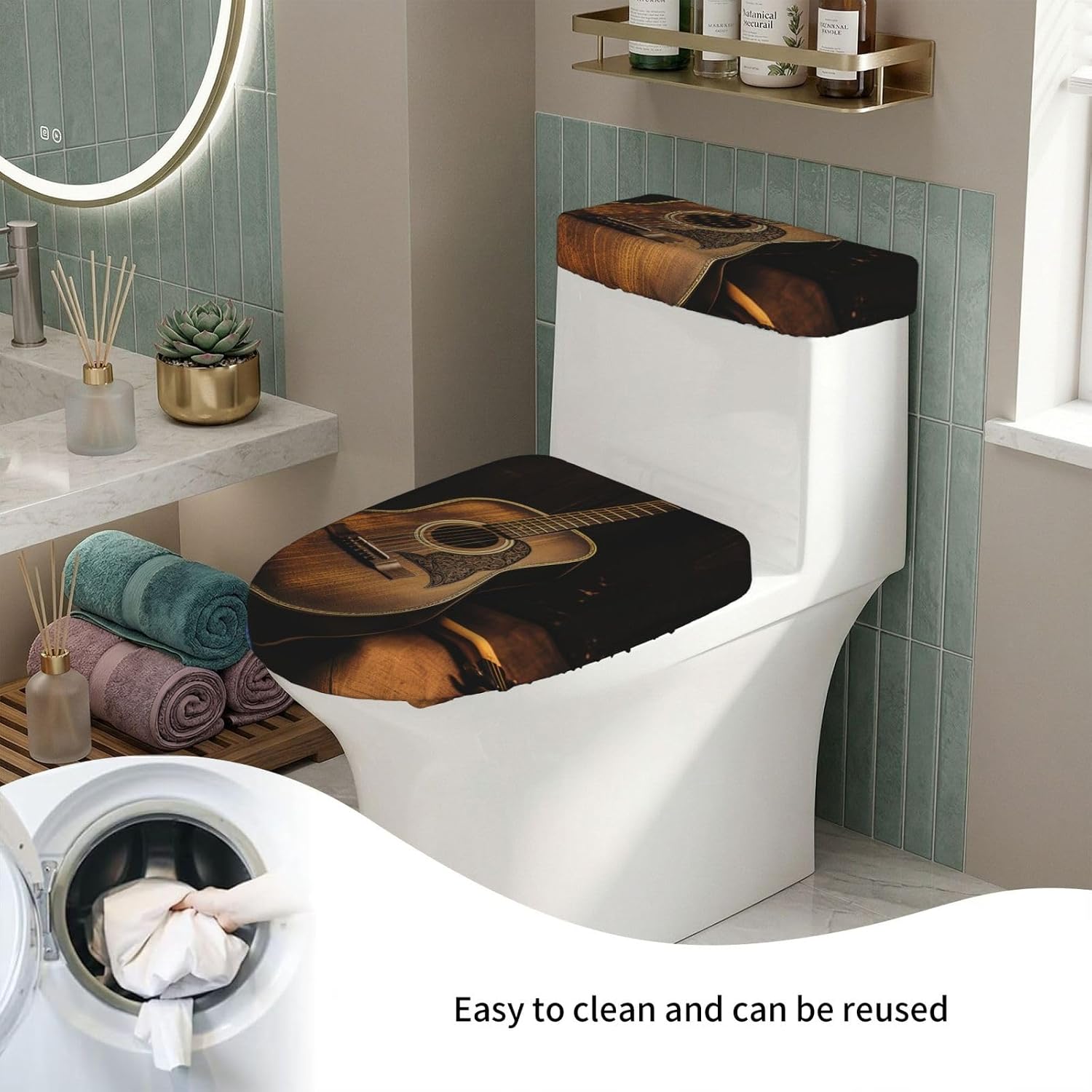Old West Guitar Toilet Tank Cover And Toilet Lid Cover Set Stretch Bathroom Toilet Lid Seat Cover