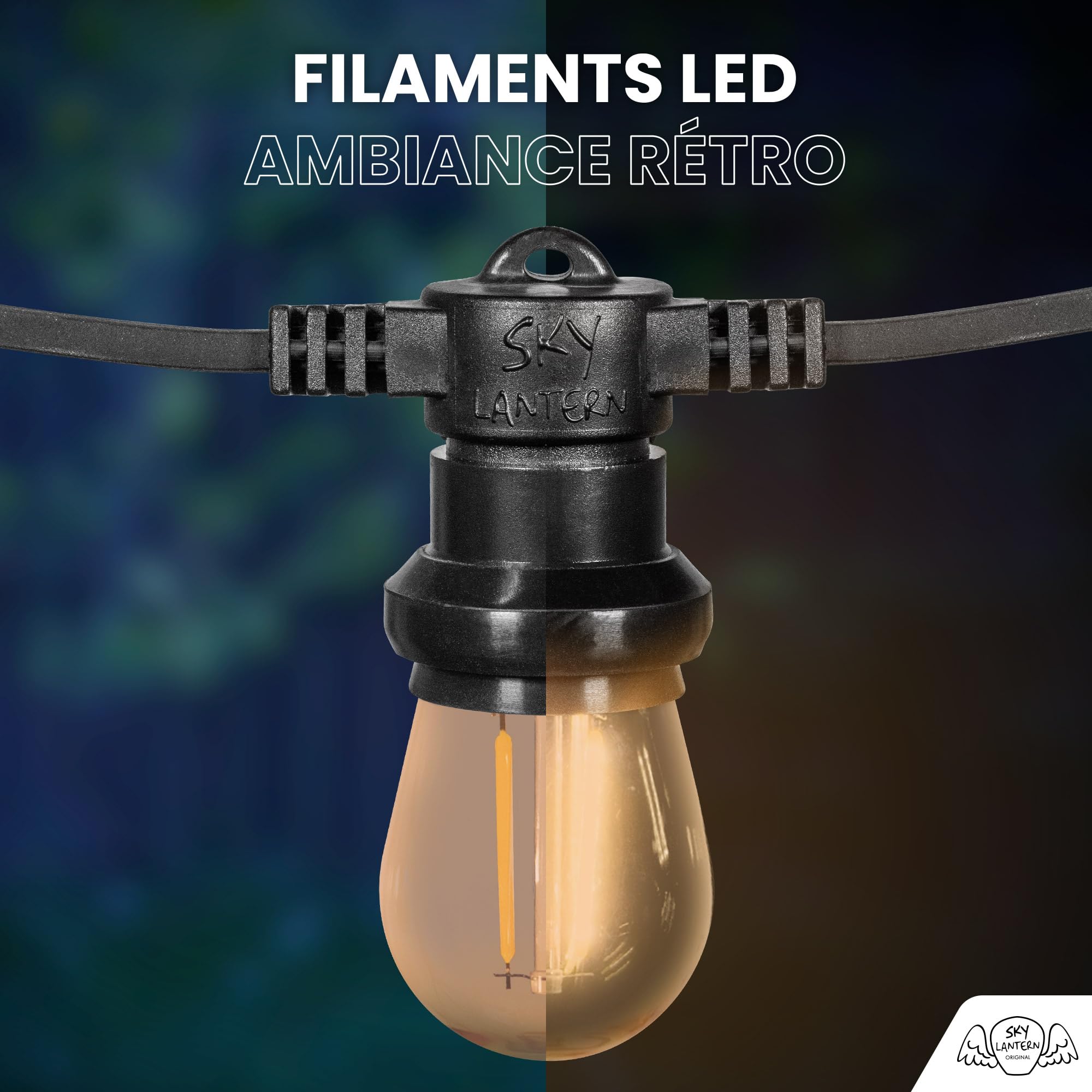 SKYLANTERN LED Lichterkette Außen Strom 20M IP65 Wasserdicht E27 Bernstein Filament 60 Glühbirnen 2700K Warmweiß Bruchsicher Erweiterbar für Garten Terrasse Balkon Hochzeiten Partys Restaurants