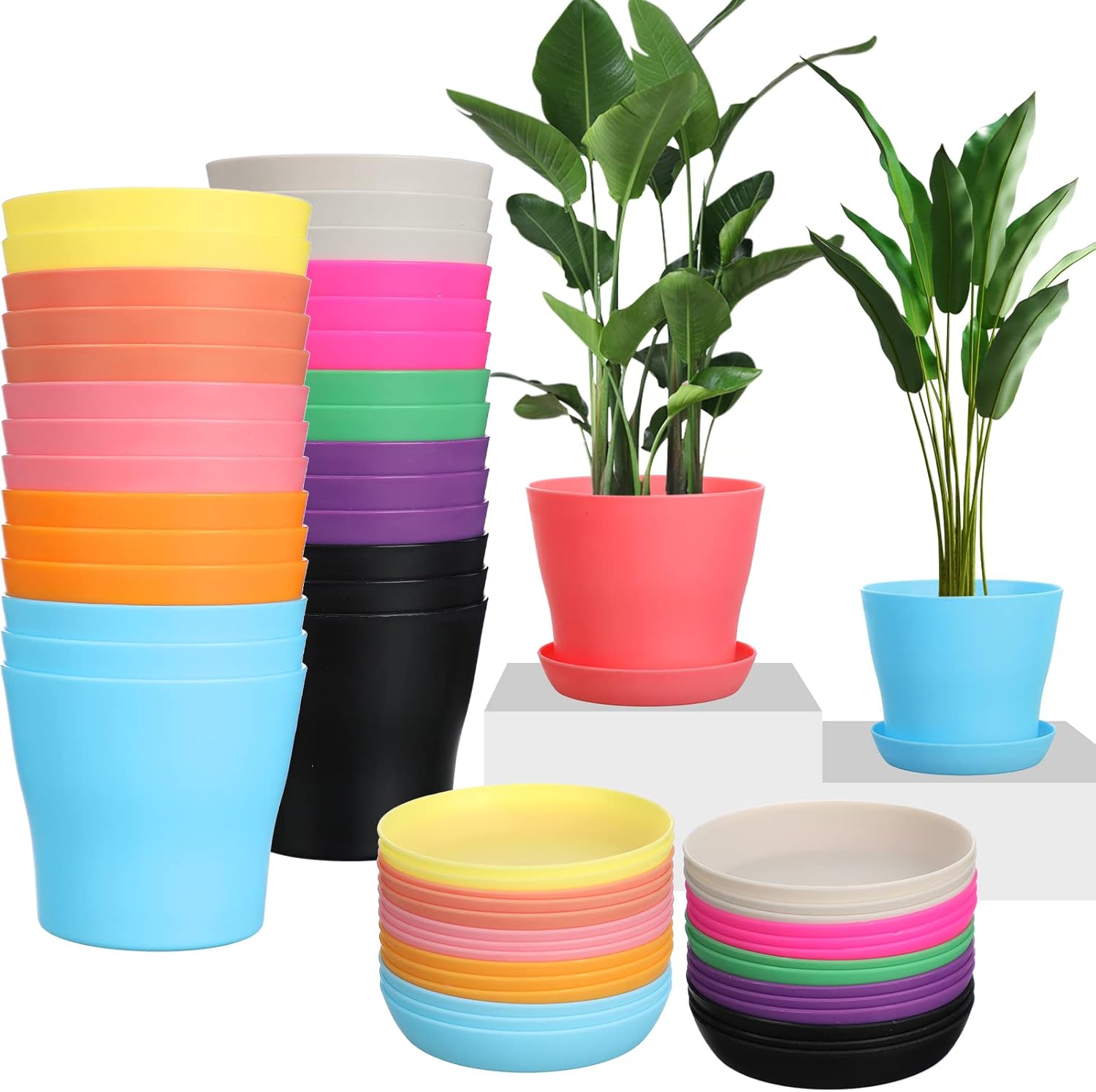 33 Pack Plastic Plant Pots Bulk with Saucers Thickened Reusable Nursery Planters with Drainage Holes Colorful Small Flower Pots for Indoor Herbs Seedlings(5.5 Inch)