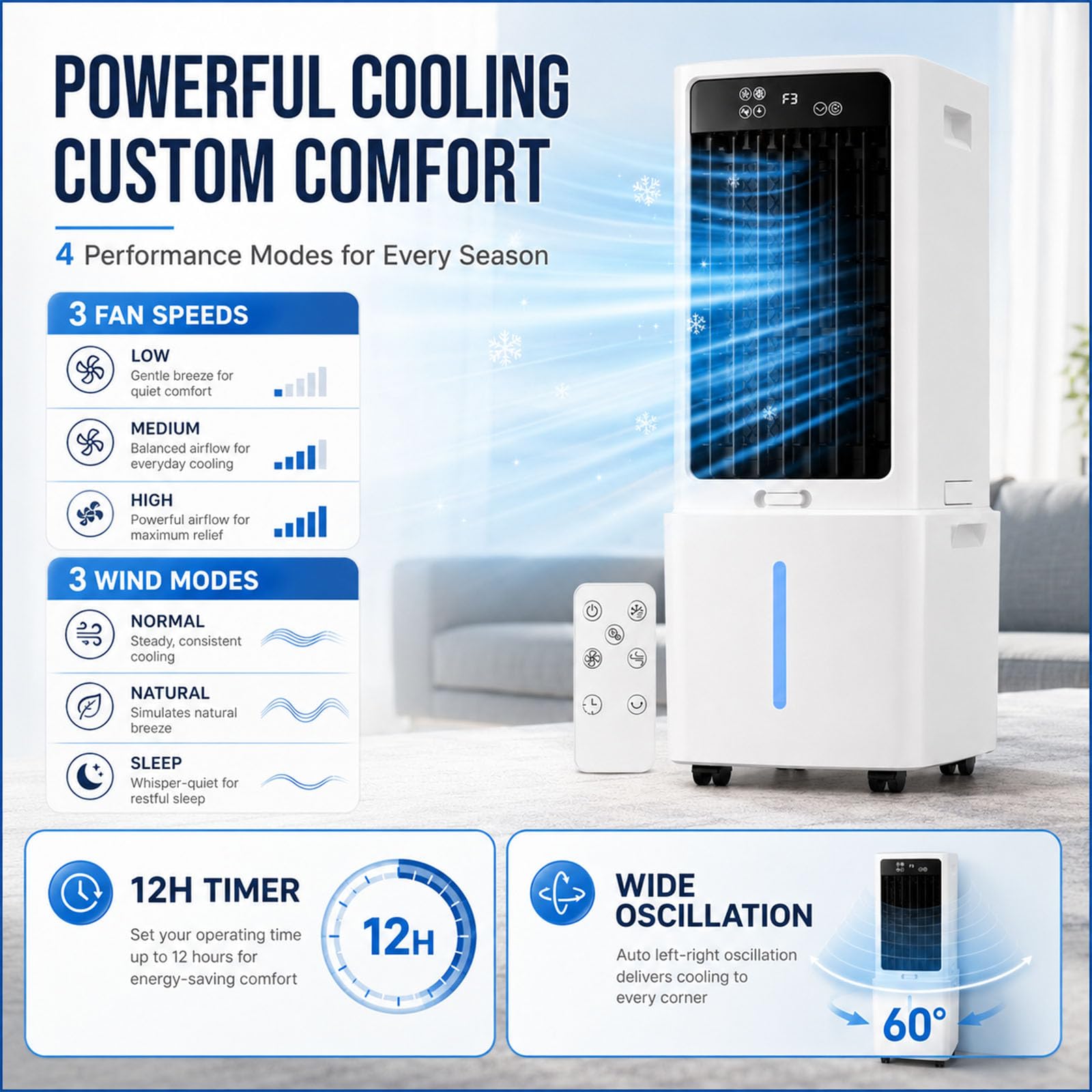 Climatizador Silencioso Portátil, Ventilador 12L con Agua 3 Niveles Velocidad, Timer 12H, 6 Cajas de Hielo, para Salón Dormitorio, Ruedas Giratorias (288x260x615mm)