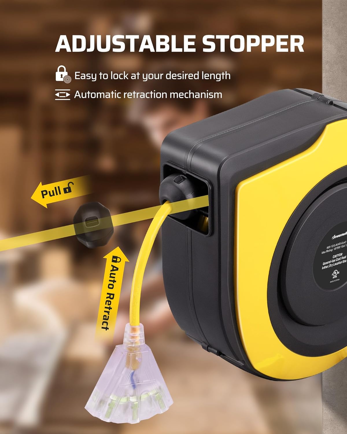 DEWENWILS Retractable Cord Reel, 60FT Heavy Duty Extension Cord, 12AWG/3C SJTOW, 3 Grounded Outlets Lighted Triple Tap, 15A Circuit Breaker, Wall/Ceiling Mounted for Garage, Workshop, UL Listed