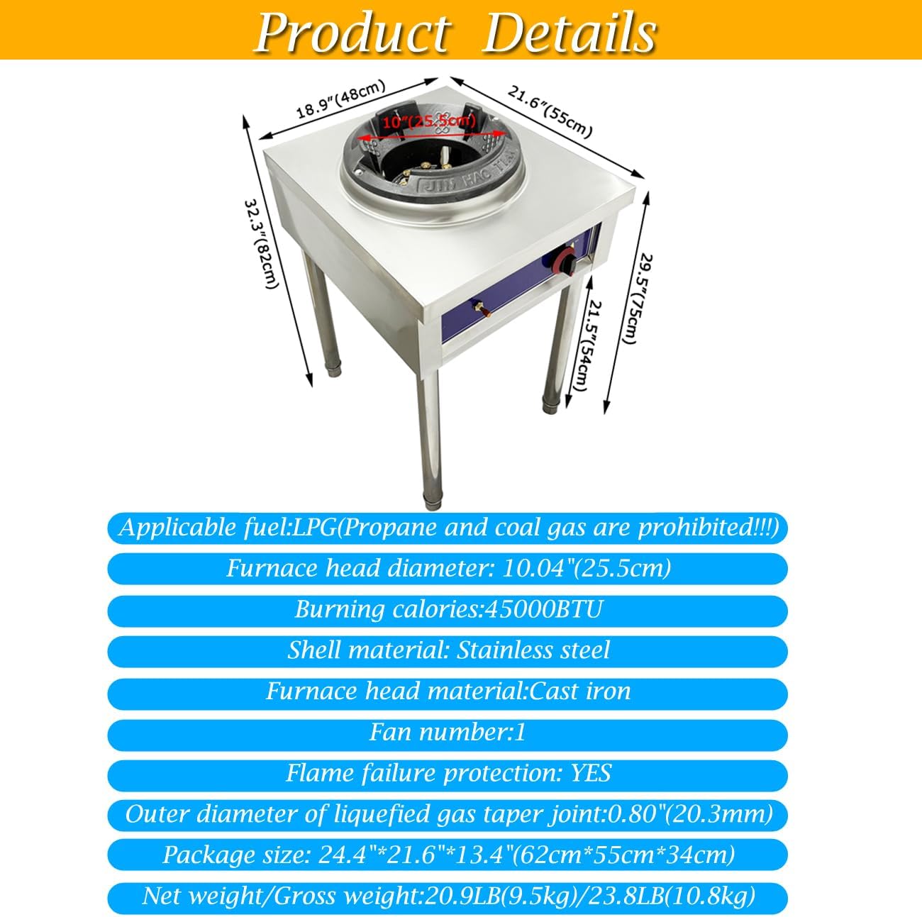 LPG Chamber Single Burner Cooking Range Open Style 10" Commercial Gas Wok Gas Stove