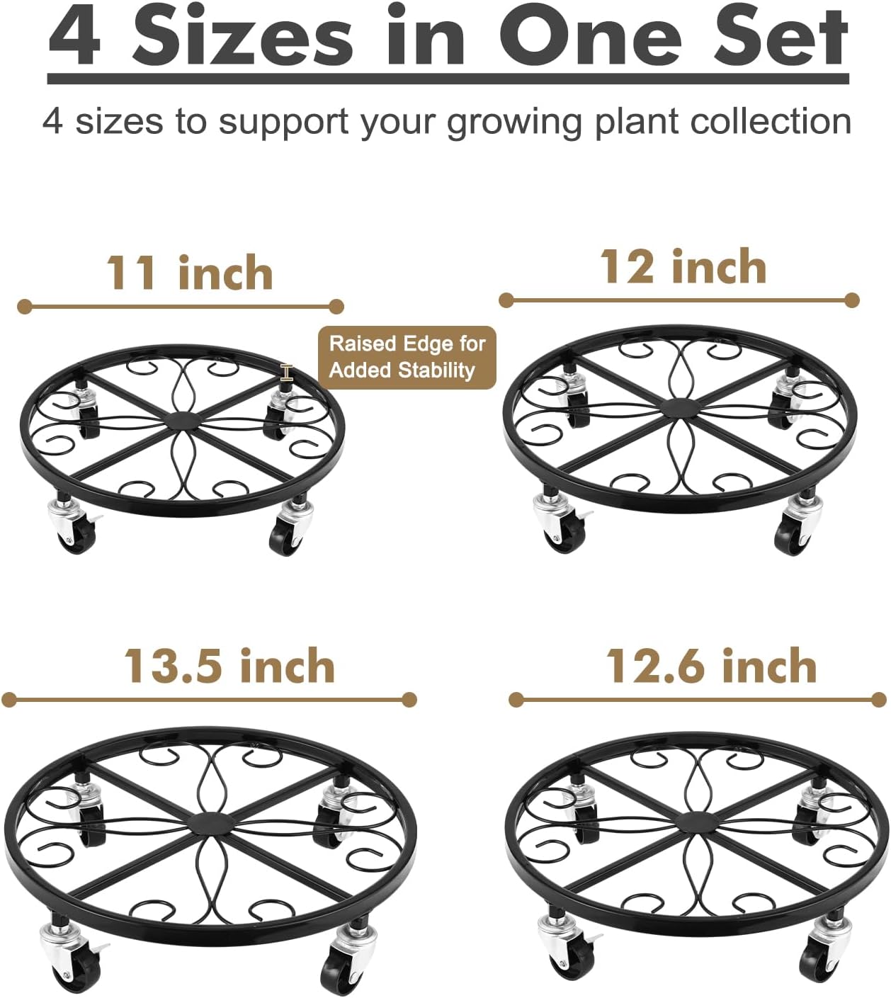 Plant Stand with Wheels, 4 Pack Rolling Plant Stand Rollers Heavy Duty 11 / 12 / 12.6 / 13.5 Inches Metal Wheeled Planter Caddy Wrought Iron Plant Dolly with Casters Flower Cart Outdoor Indoor, Black