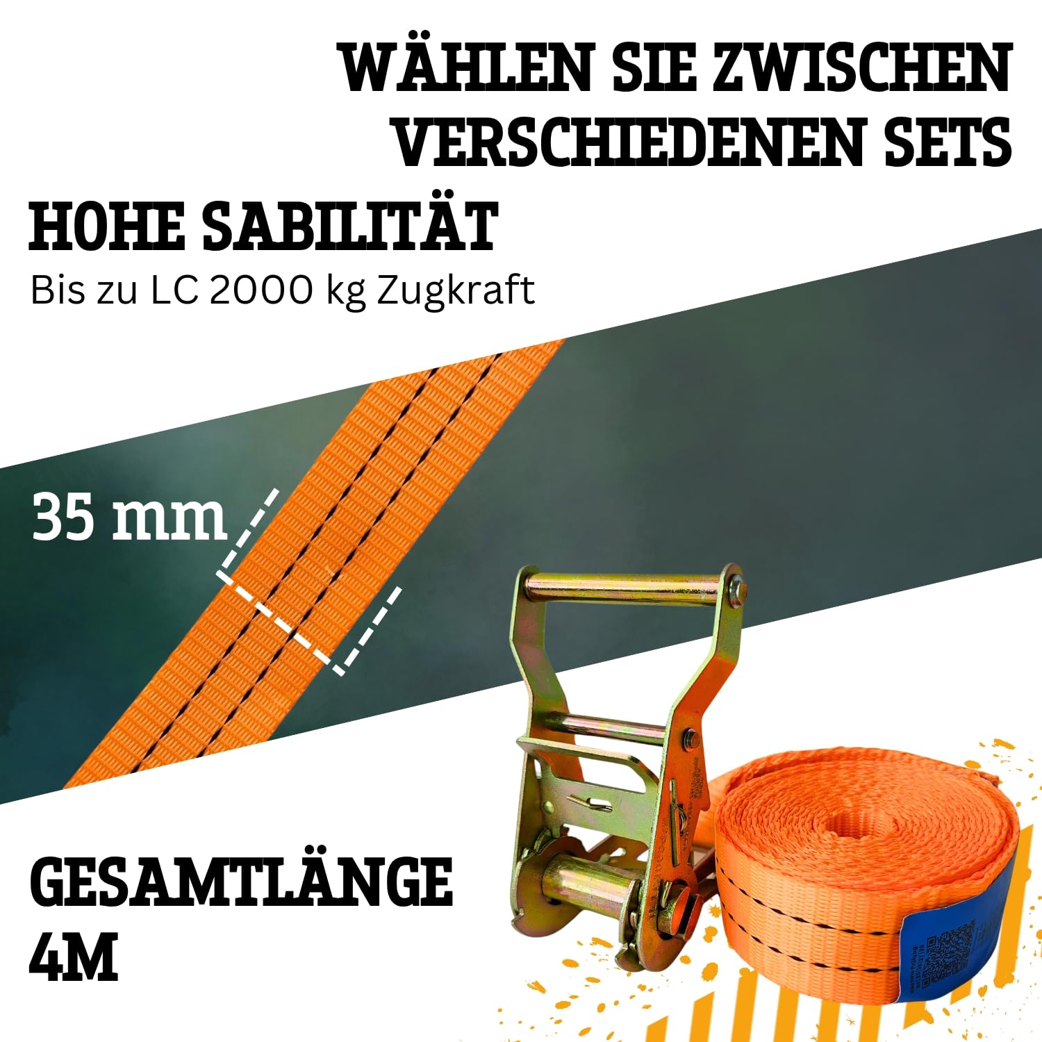 Spanngurt 2t 4m 1000kg 2000 kg daN Zurrgurte einteilig LKW Anhänger 2 to 4 Meter (20 Stück)