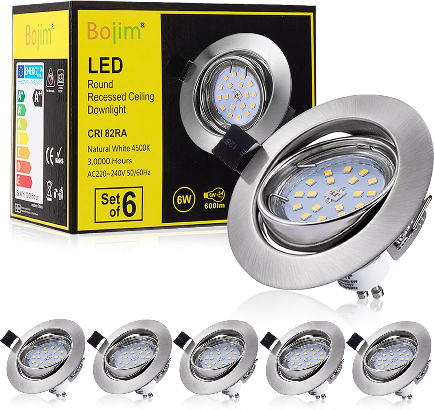 Bojim 6X GU10 LED Recessed Ceiling Lights, Adjustable Downlights 6W Cool White 4500K 600lm = 54W Bulb Spot Lights for Living Room Bedroom Kitchen IP20 (LED Bulbs Included) [Energy Class E]
