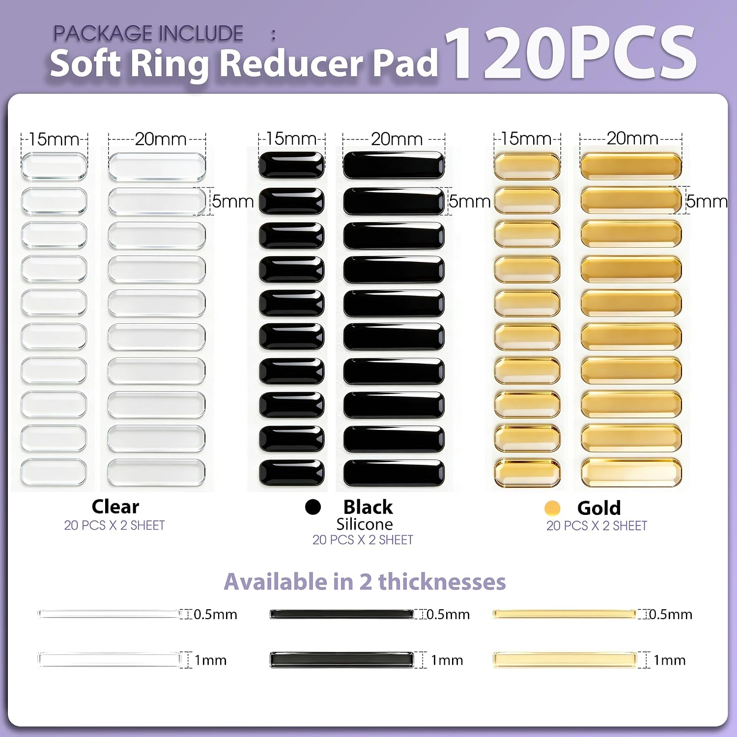 Smart Ring Size Adjuster for Loose Rings, 120Pcs Silicone Spacer Inserts for Oura 5/Galaxy/RingConn 3/Ultrahuman, Reduces 0.2-2 Sizes, Sensor-Friendly, Waterproof, 3 Colors (Gold, Black, Clear)