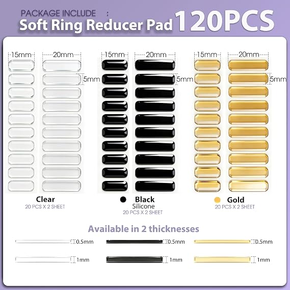 Smart Ring Size Adjuster for Loose Rings, 120Pcs Silicone Spacer Inserts for Oura/Galaxy/RingConn/Ultrahuman, Reduces 0.2-2 Sizes, Sensor-Friendly, Waterproof, 3 Colors (Gold, Black, Clear)
