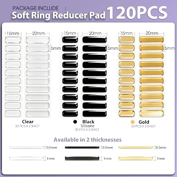 Smart Ring Size Adjuster for Loose Rings, 120Pcs Silicone Spacer Inserts for Oura/Galaxy/RingConn/Ultrahuman, Reduces 0.2-2 Sizes, Sensor-Friendly, Waterproof, 3 Colors (Gold, Black, Clear)