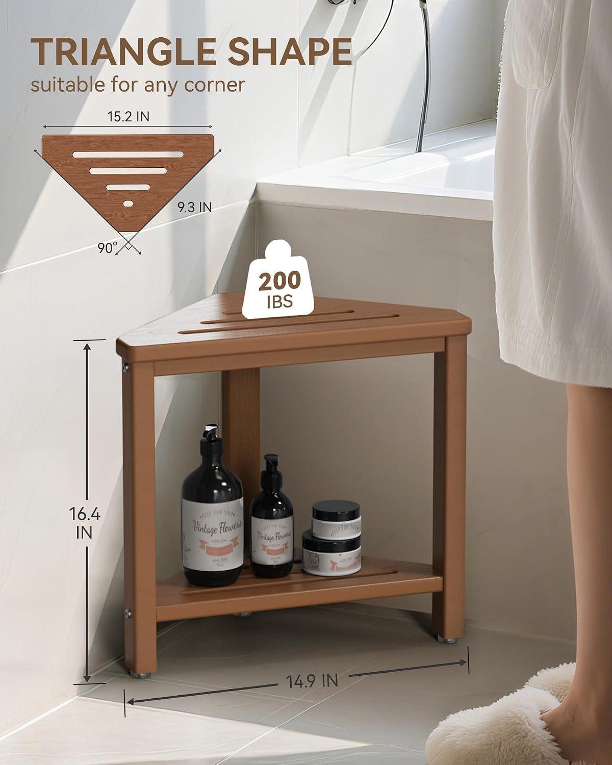 Teak Shower Foot Rest 15in, HDPE Waterproof Shower Stool for Inside Shower, Corner Shower Stool for Shaving Legs with Storage Shelf for Small Space, Shower Step Stool, Plastic Corner Shower Bench image 2