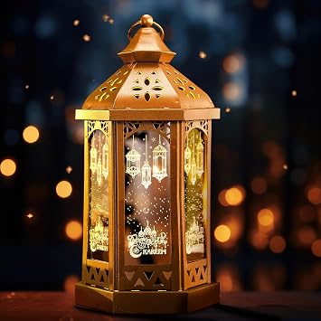 Large Ramadan Decorations for Home 11 LED Eid Mubarak Candle Lantern Decorative Moon Star Hexagon Ramadan Lantern LED Vintage Metal Hanging Holder for Indoor Outdoor Tabletop Festival Party Decor