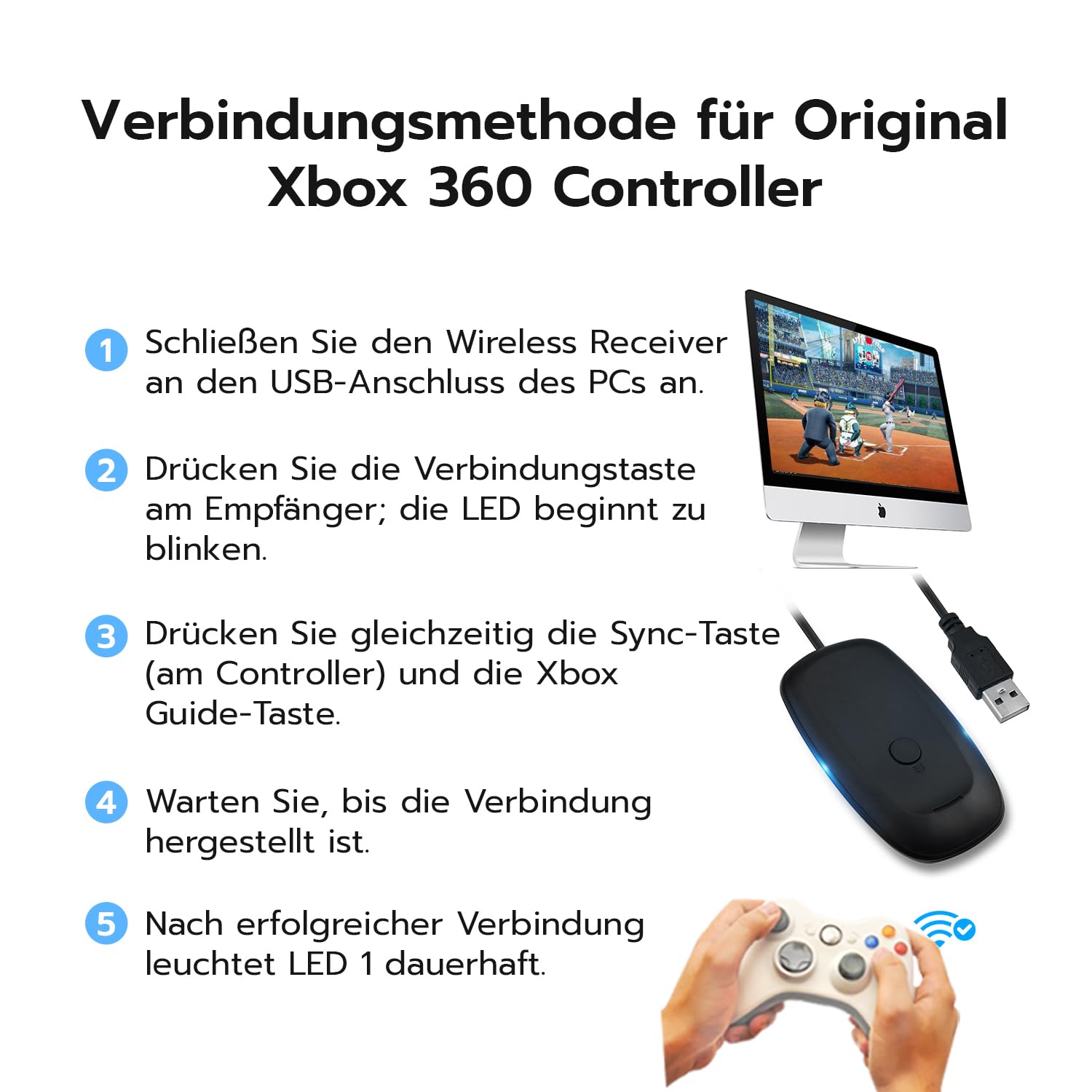 Mcbazel Wireless USB 2.0 Gaming-Empfänger-Adapter für Microsoft Xbox 360, Desktop PC, Laptop, Gaming-Schwarz