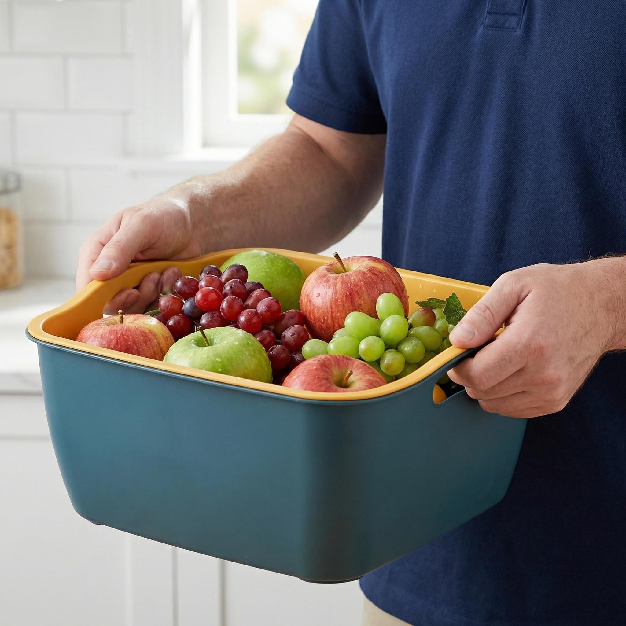 Jucoan Juego de 2 cuencos de cocina grandes de 9 y 8 cuartos de galón, cesta de plástico de doble capa para lavar frutas y verduras, cuencos de drenaje para limpieza