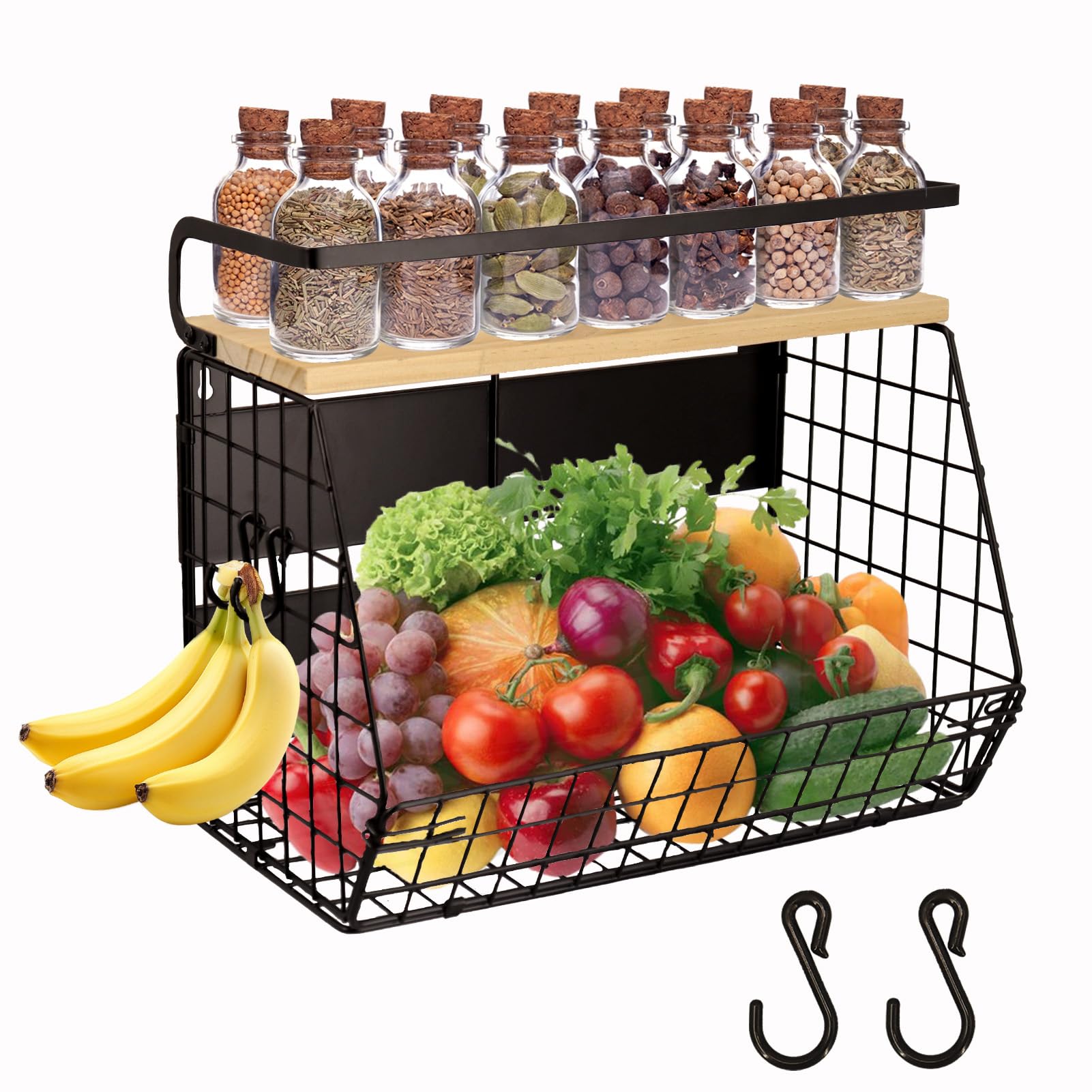 DecorDudz Magnetic Shelf for Fridge with Wood Lid, Fruit Potato and Onion Storage Bins, Pantry Organizers & Storage, Large Container Magnetic Spice Rack for Refrigerator, Kitchen Counter (Black01)