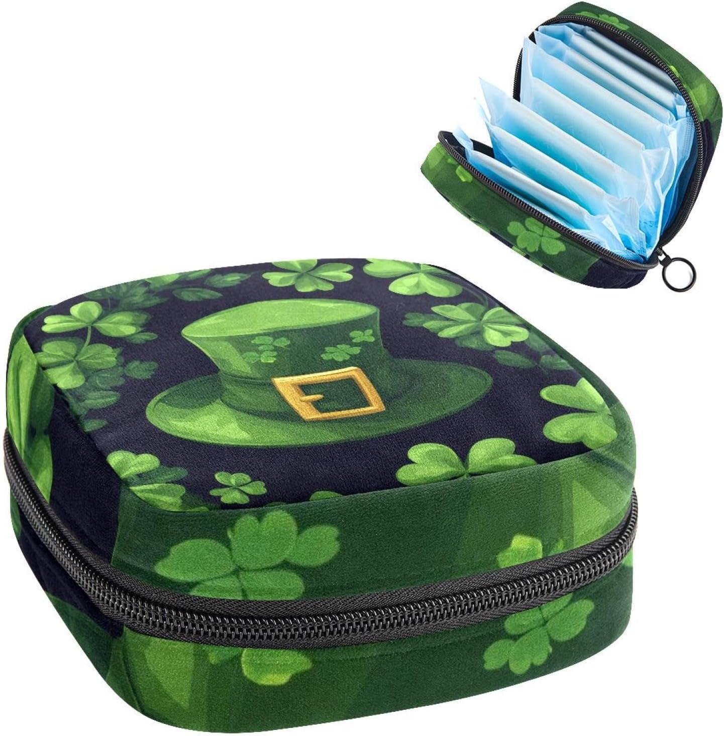 1Pc Period Bag for Women, Menstrual Pad Pouch for School Office, Reusable Sanitary Napkin Storage Bag Portable Feminine Period Kit Bag St. Patrick’s Day Hat and Clover Leaves Seamless Pattern