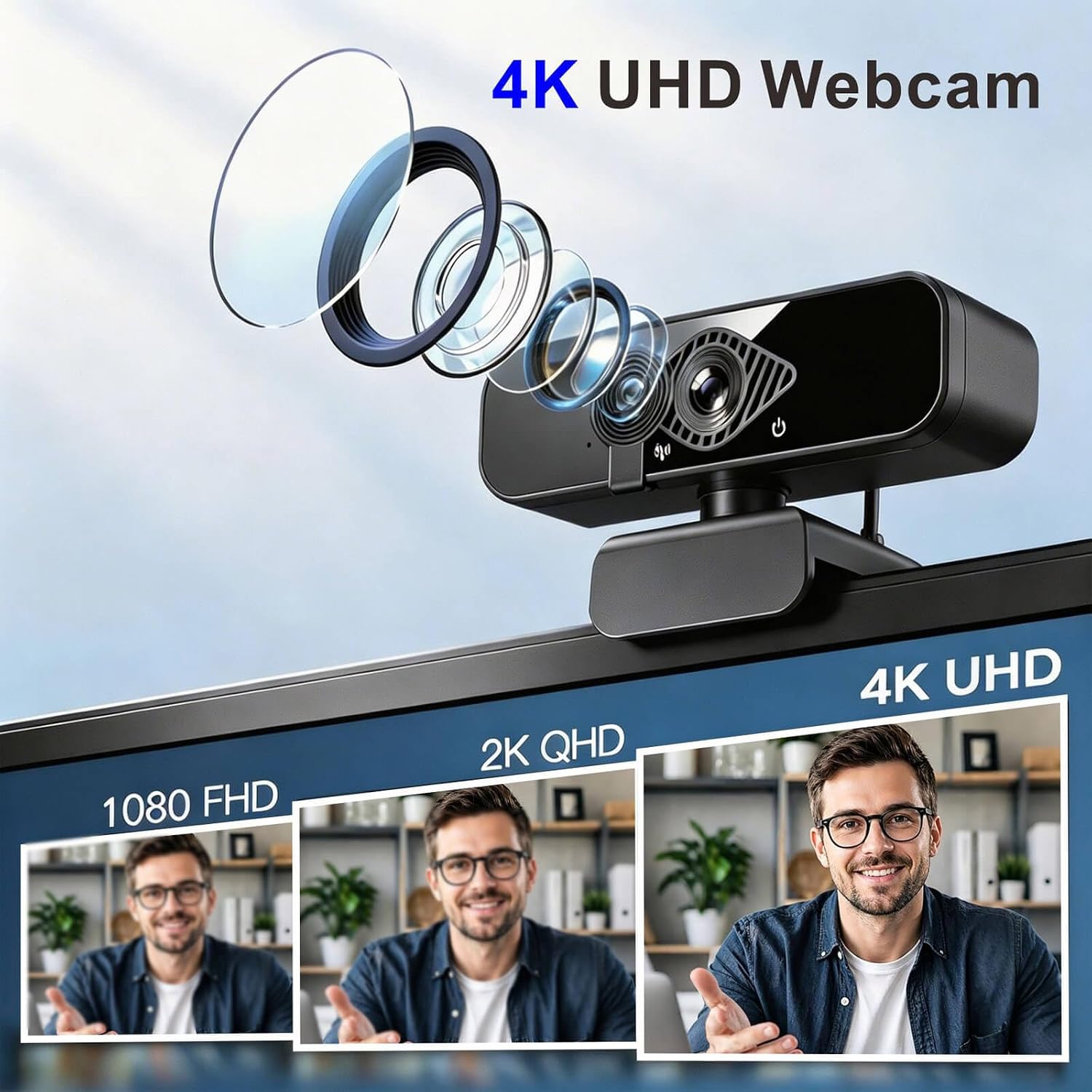 4K Webcam with USB C Adapter and Privacy Cover – Built-in Microphone, Plug & Play for PC/Mac/Laptop/Desktop