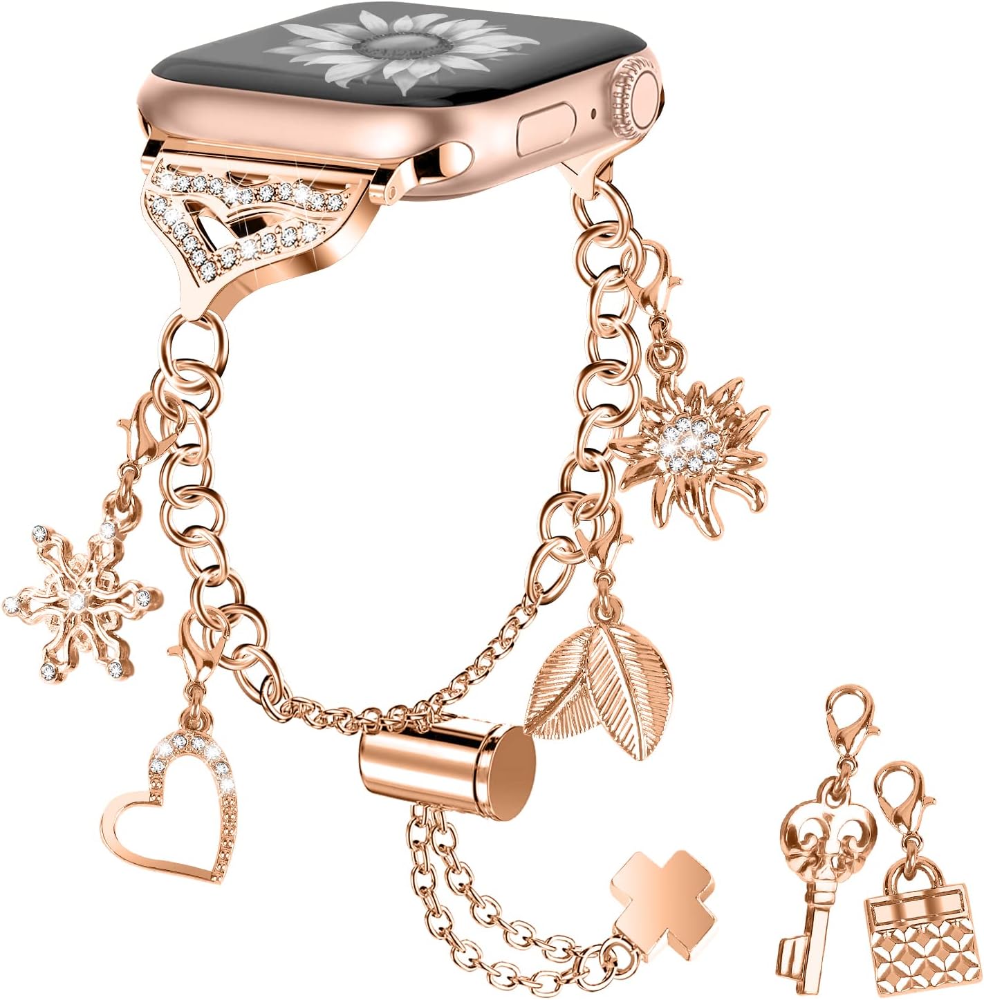 Bling Band Compatible with Apple Watch 40mm 41mm 38mm, Metal Jewelry Watch Strap for Series SE 9 8 7 6 5 4 3 2 1 Interchangeable Charms Dressy Bracelet for Women (Rose Gold)