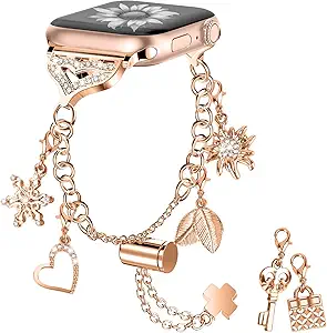 Bling Band Compatible with Apple Watch 40mm 41mm 38mm, Metal Jewelry Watch Strap for Series SE 9 8 7 6 5 4 3 2 1 Interchangeable Charms Dressy Bracelet for Women (Rose Gold)