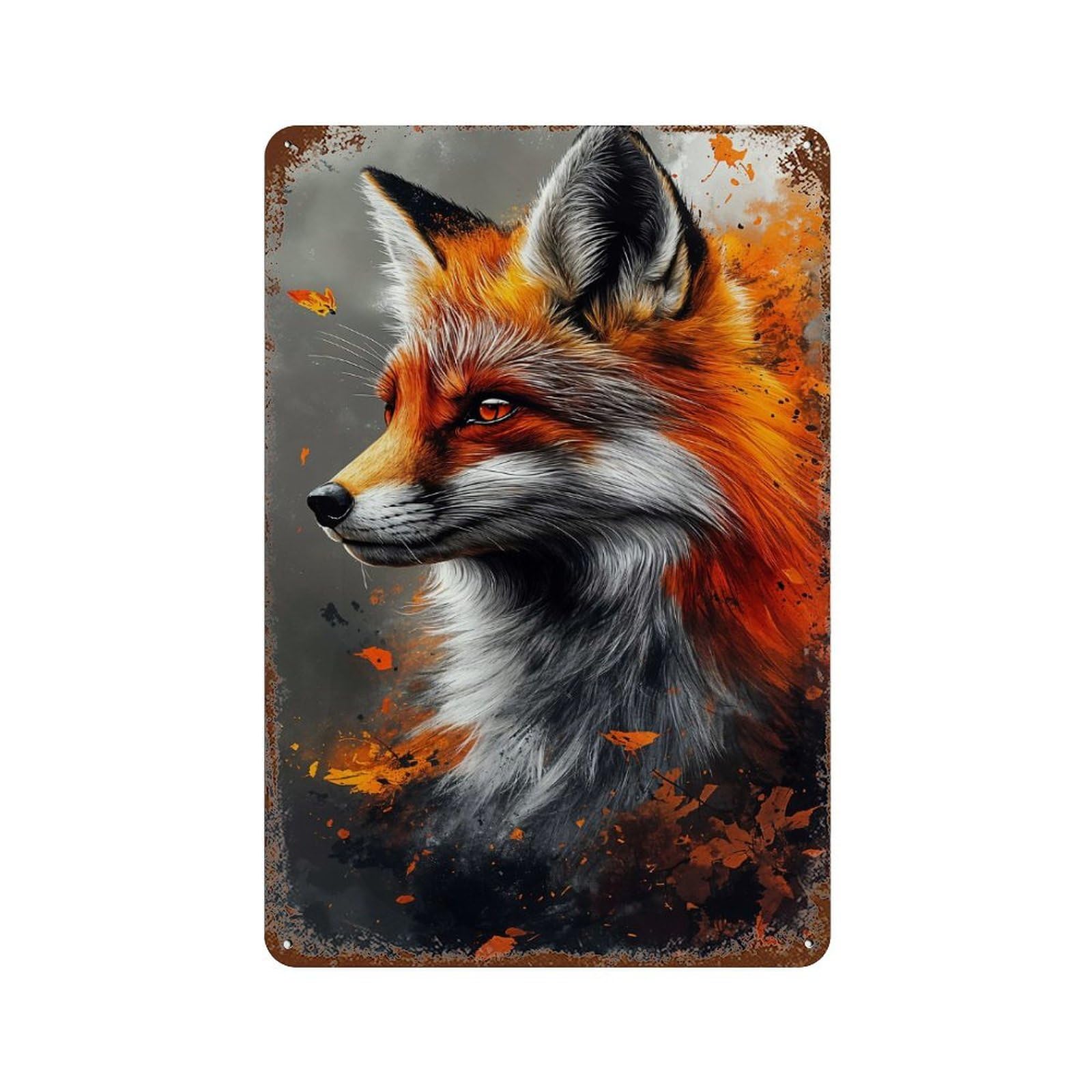 Rust Effect Fox Portrait with Abstract Orange Splatters Weathered Tin Sign 11.8"x7.9", Shabby Chic Decor for Patio, Garden Room And Bar Decor