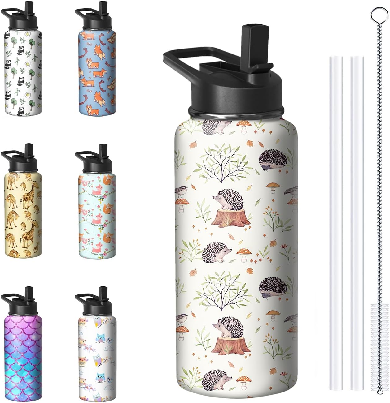 32oz Hedgehog Water Bottle with Handle and Flip Straw, Sports Stainless Steel Insulated Cup Travel Coffee Mug Tumbler, Birthday Mothers Day Chritmas Gifts for Women