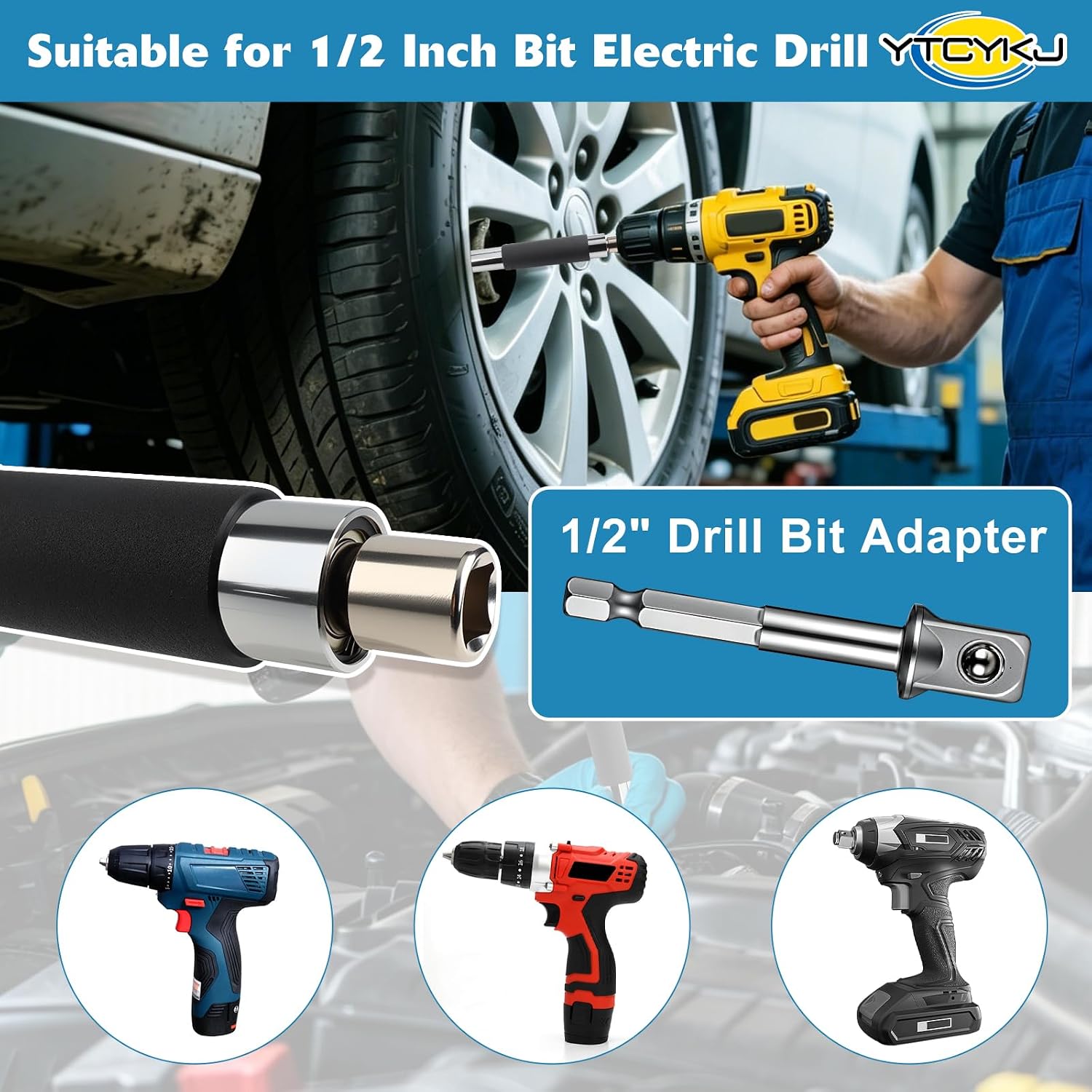 Offset Extension Wrench for Drill - 1/2" Offset Extension Wrench Impact | with Versatile 3/8", 1/4" Socket Adapters, Heavy-Duty Ratchet Extender for Tight Spaces, High Torque & Hard-to-Reach Bolts