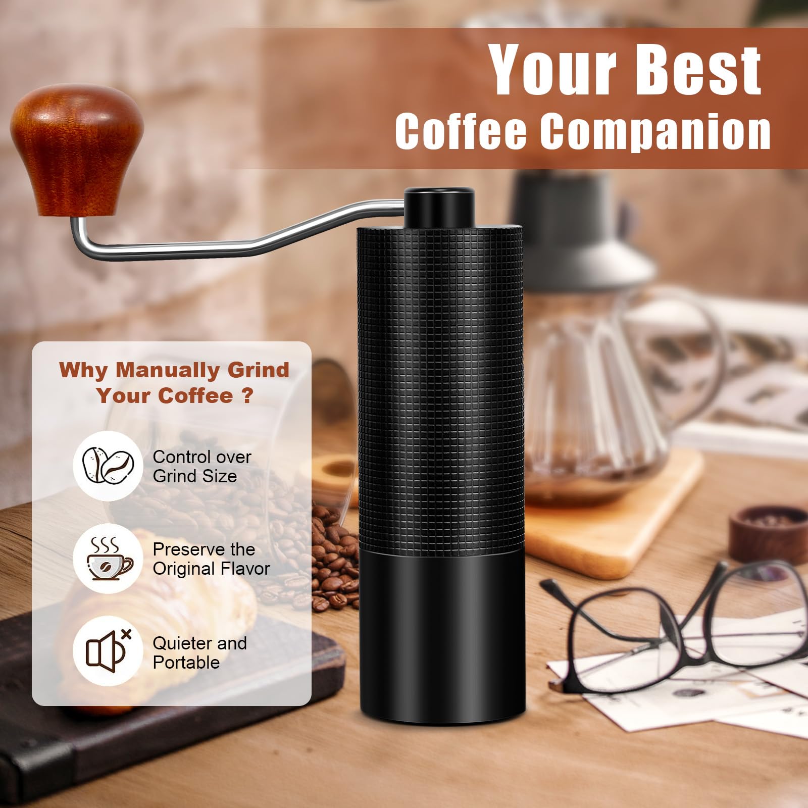 Molinillo de café manual con capacidad de 25 g, molinillo de café de mano con rebaba cónica de acero inoxidable CNC, posicionamiento de doble rodamiento, ajuste de punto, molinillo de mano