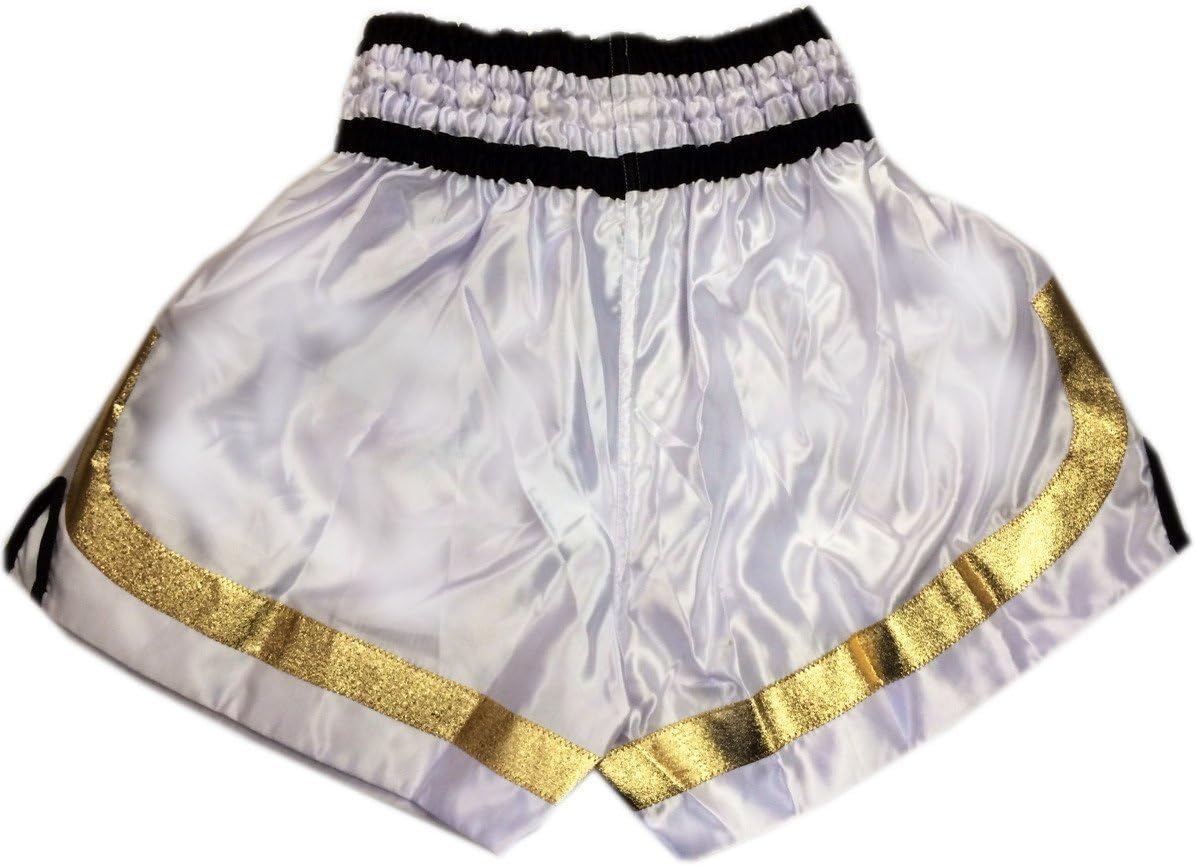 MMA Boxing Muay Thai Shorts in Satin White Black Gold cutt Letters