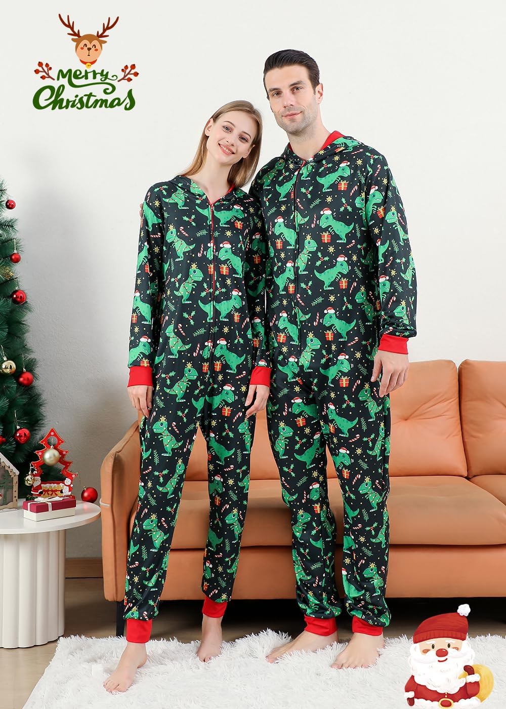 VNVNE Matching Christmas Onesie Pajamas for Family/Couples/Women/Men, Xmas Holiday Reindeer Striped Adults Pjs Sleepwear - Image 4