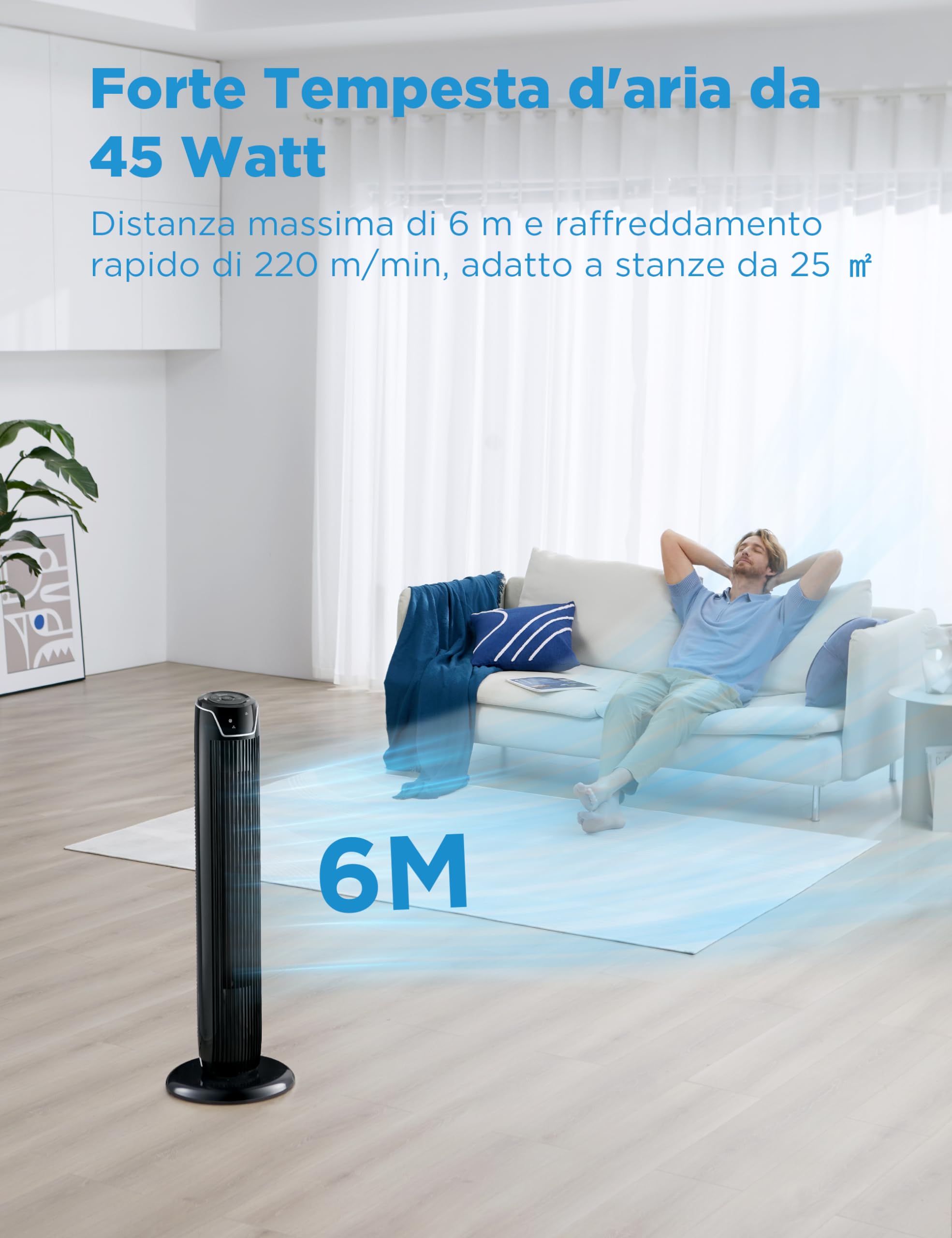 Midea FZ10-17JR Ventilatore a Torre Silenzioso con Telecomando 92CM，Timer 7 ore, 3 Modalità, 3 Velocità, Ventilatore 45W, Oscillante 90°Nero