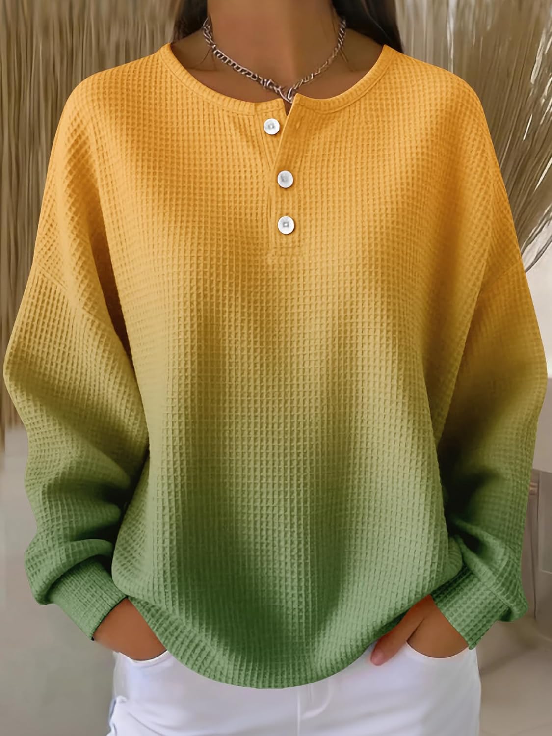 Women's Ombre Waffle Knit Sweater V-Neck Long Sleeve Pullover Gradient Color Fade Loose Fit Casual Top - Image 2