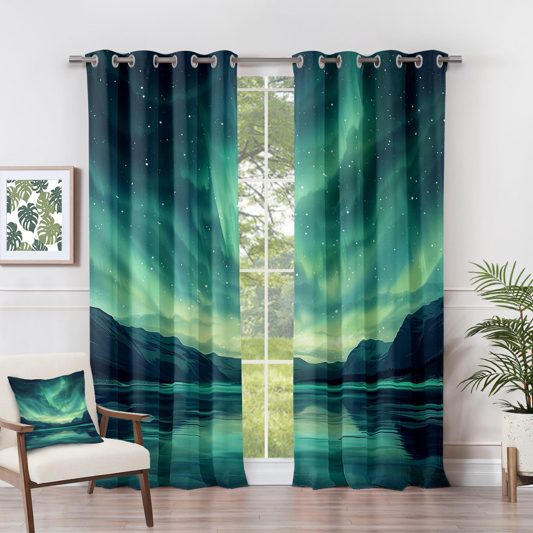 Northern Lights Decoration - Northern Lights Curtains - Green Aurora Starry Sky Blackout Curtains 54 x 90 Inch (Width x Drop) 2 Panels, Fantasy Galaxy Eyelet Curtains & Drapes