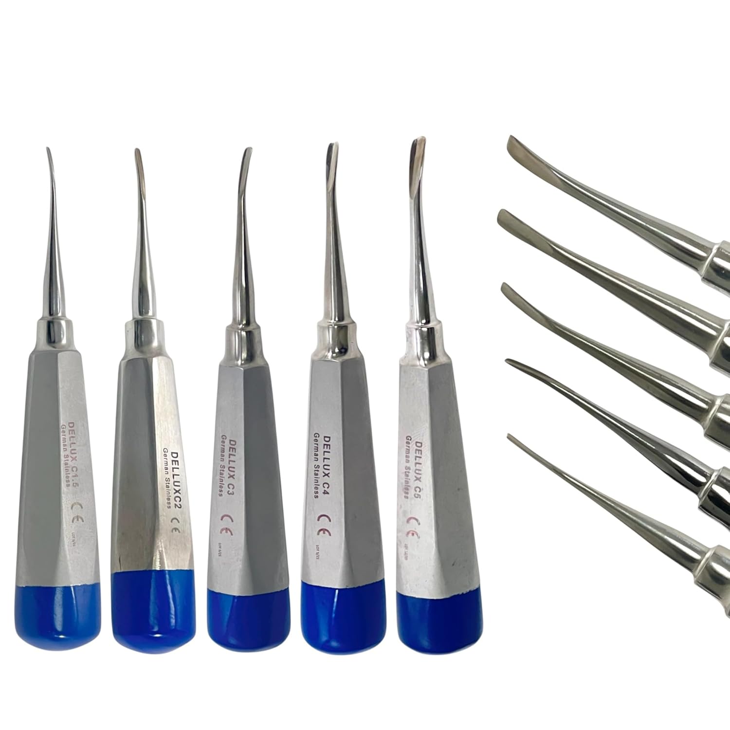 5pcs Bundle - Apical Root Tooth Elevator Luxating Picks - Curved 1.5mm, 2mm, 3mm, 4mm, 5mm | Blue Color Lightweight Handle - Stainless Steel