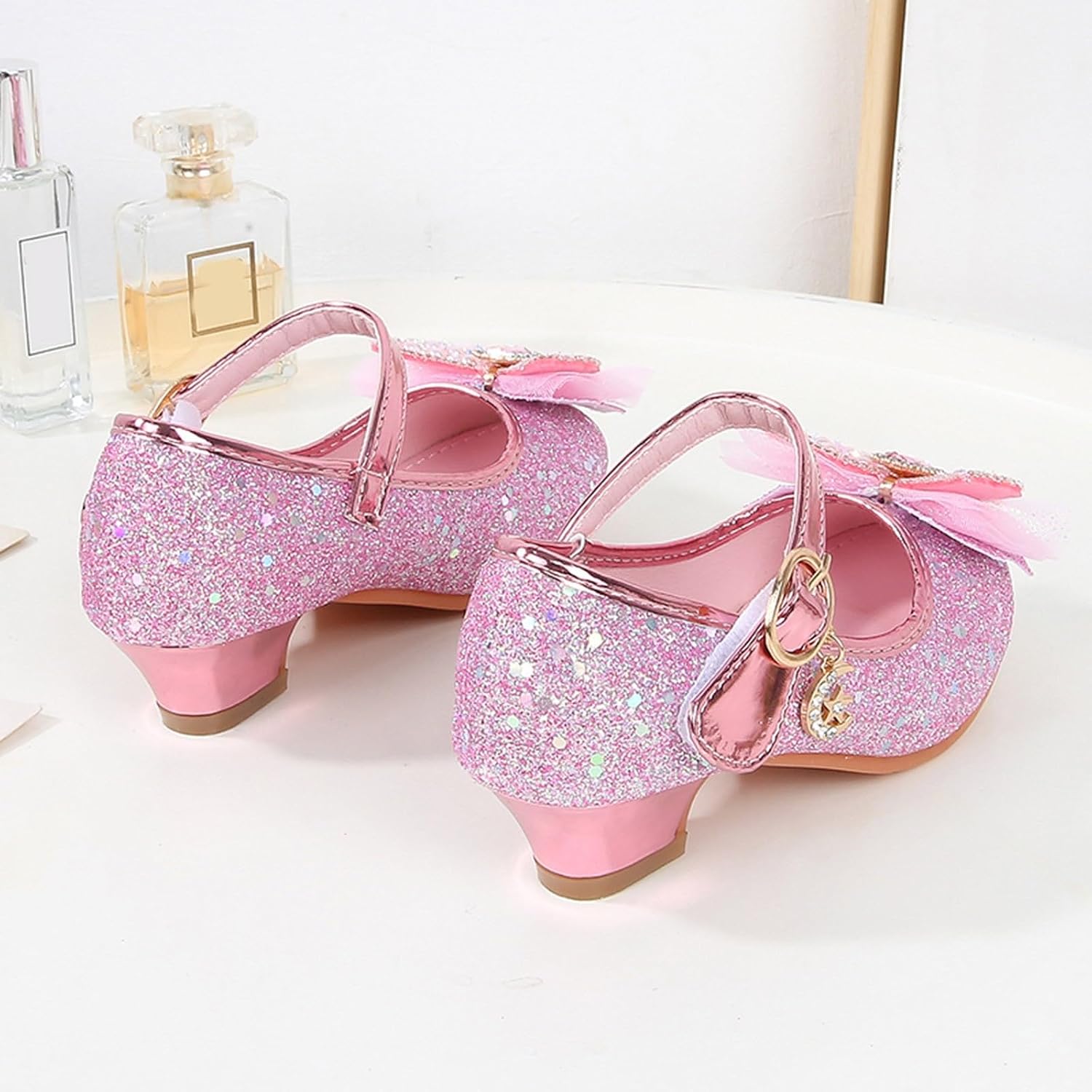 Flower Girls Wedding Party Heel Princess Shoes Cute Rhinestone Bow Glitter Ankle Strap Wedding Party Princess Shoes