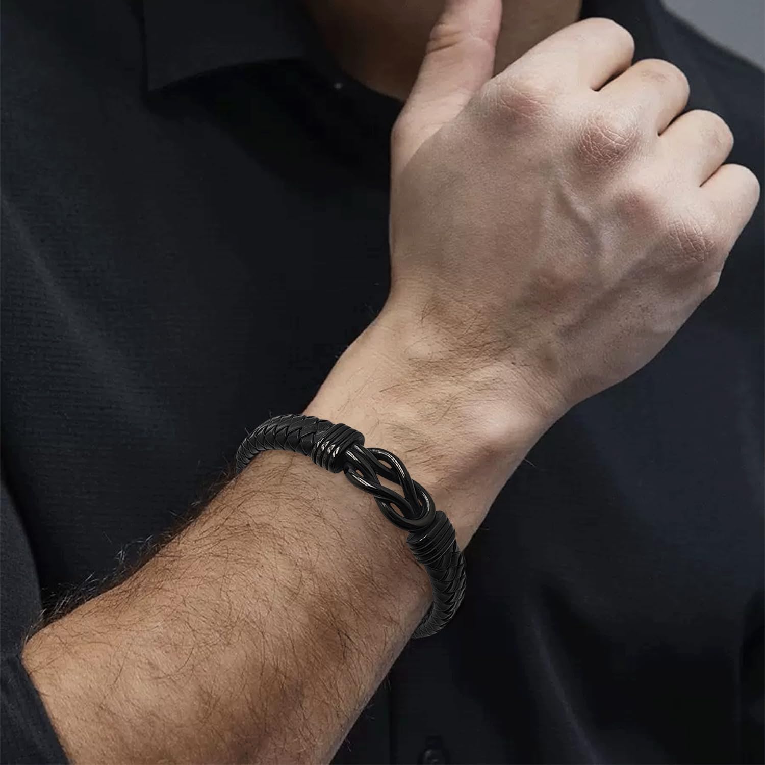 Mens Braided Genuine Leather Bracelet 316L Stainless Steel Infinity Knot Bracelet Holiday Jewelry Gifts for Men - Image 2