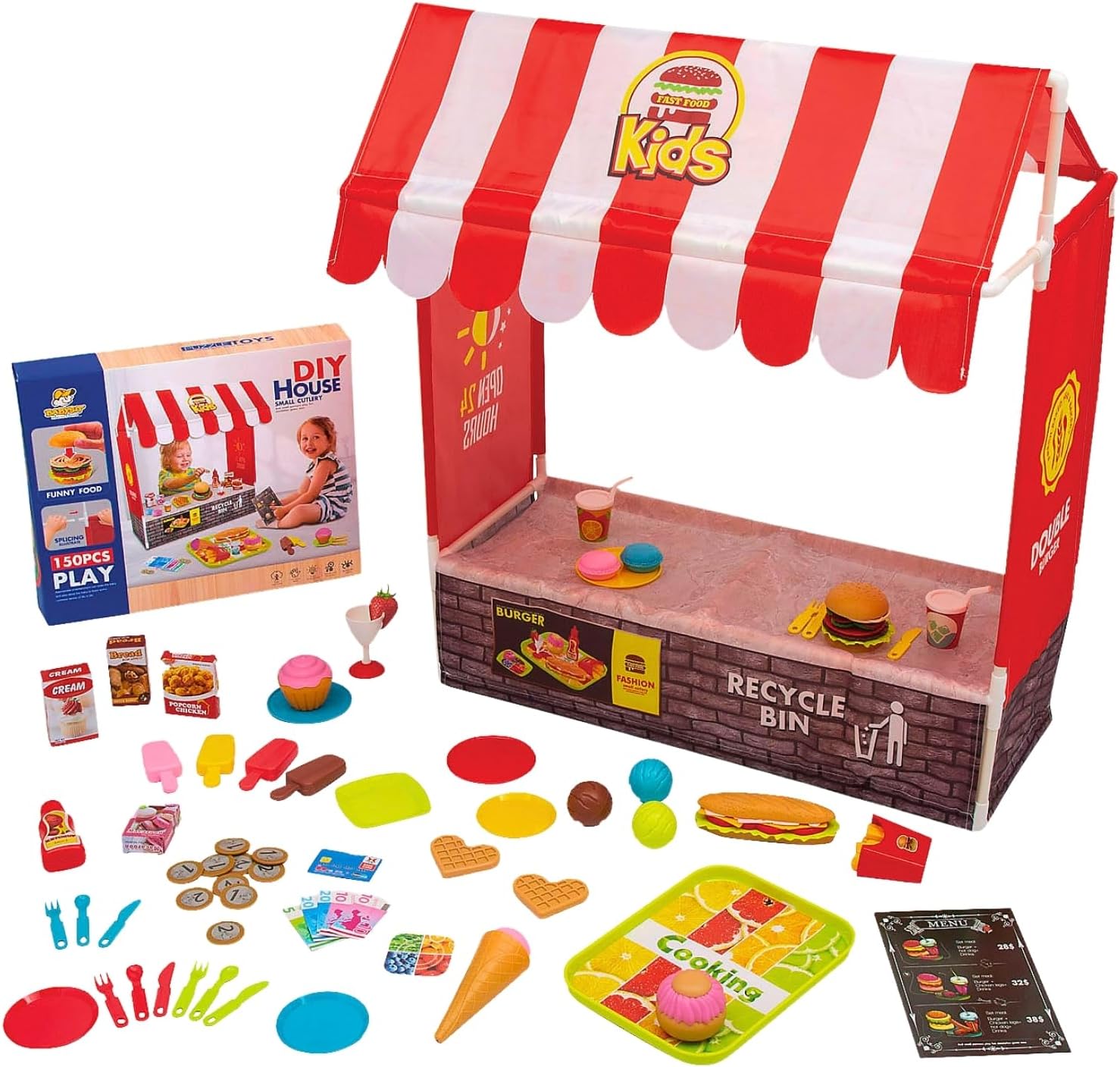 Fun Express Kids Pretend Fast Food Play Set - DIY Fast Food Tent Kit with Ready-to-Eat Meals - Instant Picnic Upgrade, Easy Outdoor Entertaining Fast Food Tent for Kids