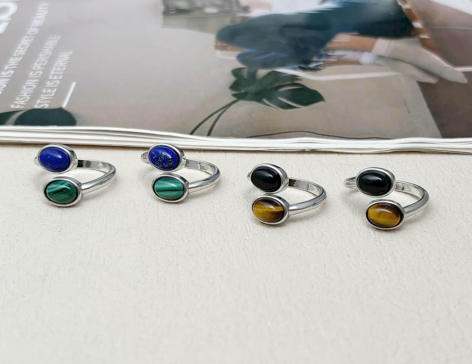 Boho Adjustable Ring with Dual Natural Gemstones - Tiger Eye/Obsidian, Malachite/Lapis Lazuli - Statement Jewelry for Women - Image 6
