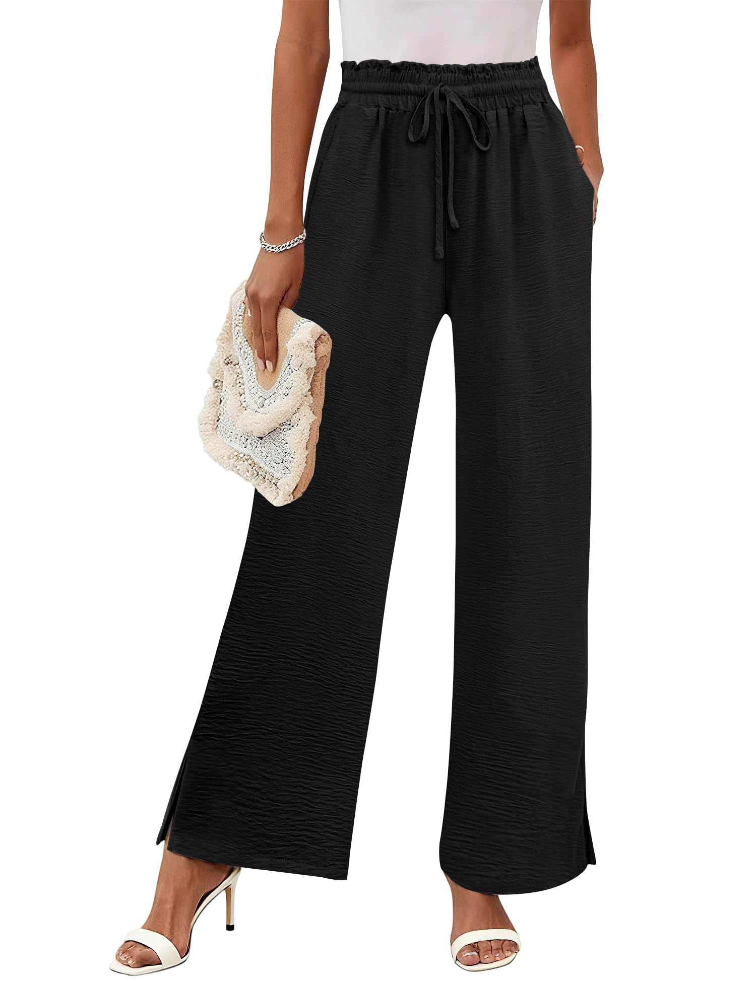 Rapbin Wide Leg Pants Woman Palazzo Pants High Waisted Drawstring Spring Summer Casual Flowy Trousers with Pockets
