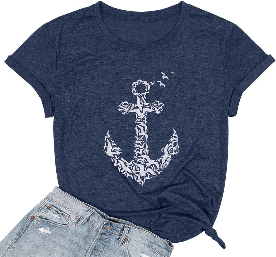 Anchor Shirt Women Boat Anchor Printed T-Shirt Nautical Shirt Funny Beach Shirt Summer Navy Sailor Vacation Tee Tops