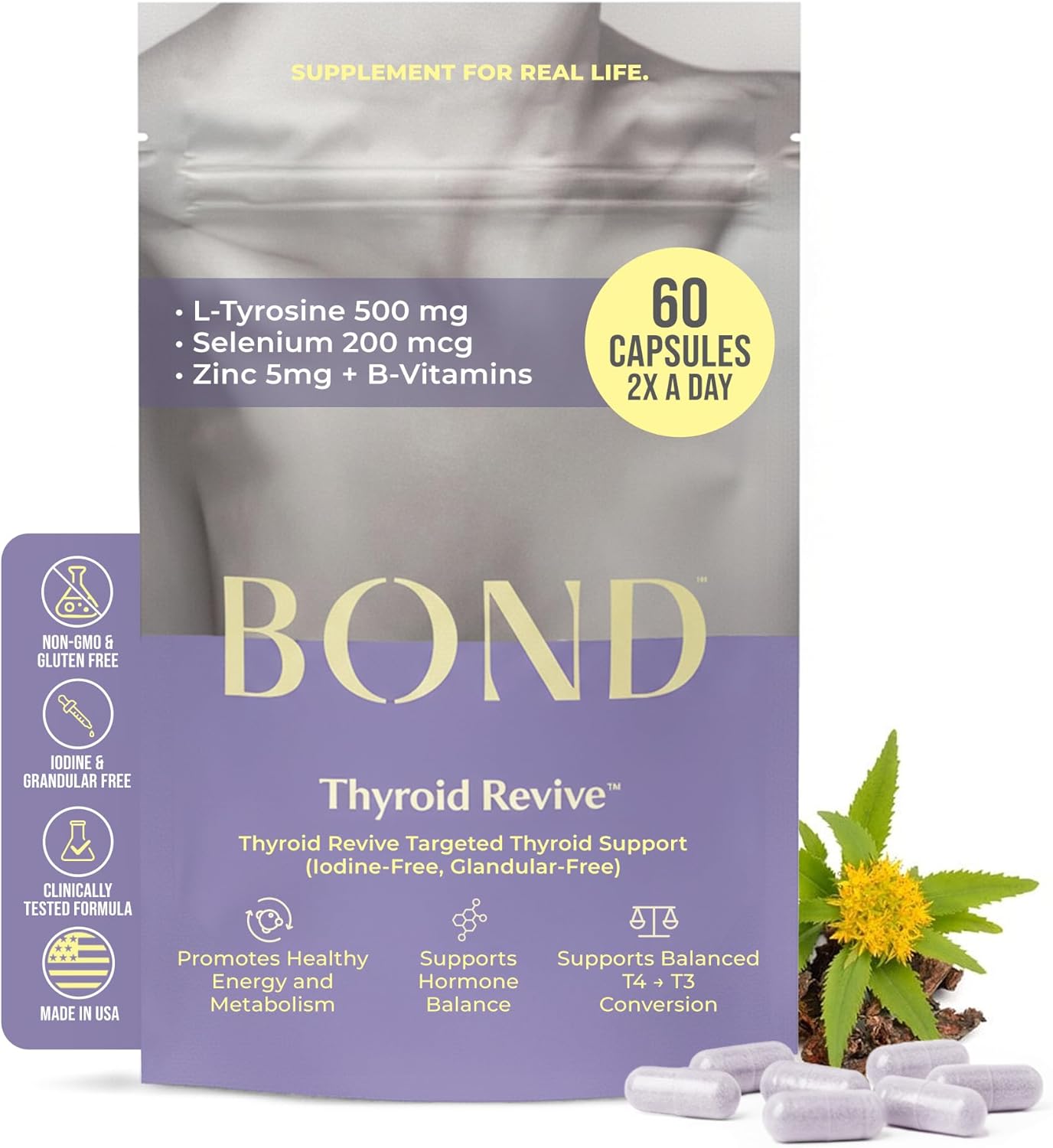 BOND Thyroid Complex, Thyroid Support Supplement for Women & Men, Selenium 200mcg, L-Tyrosine 500mg, Natural Energy & Metabolism Booster with Zinc & Rhodiola Extract, Iodine Free - 60 Capsules (2/day)
