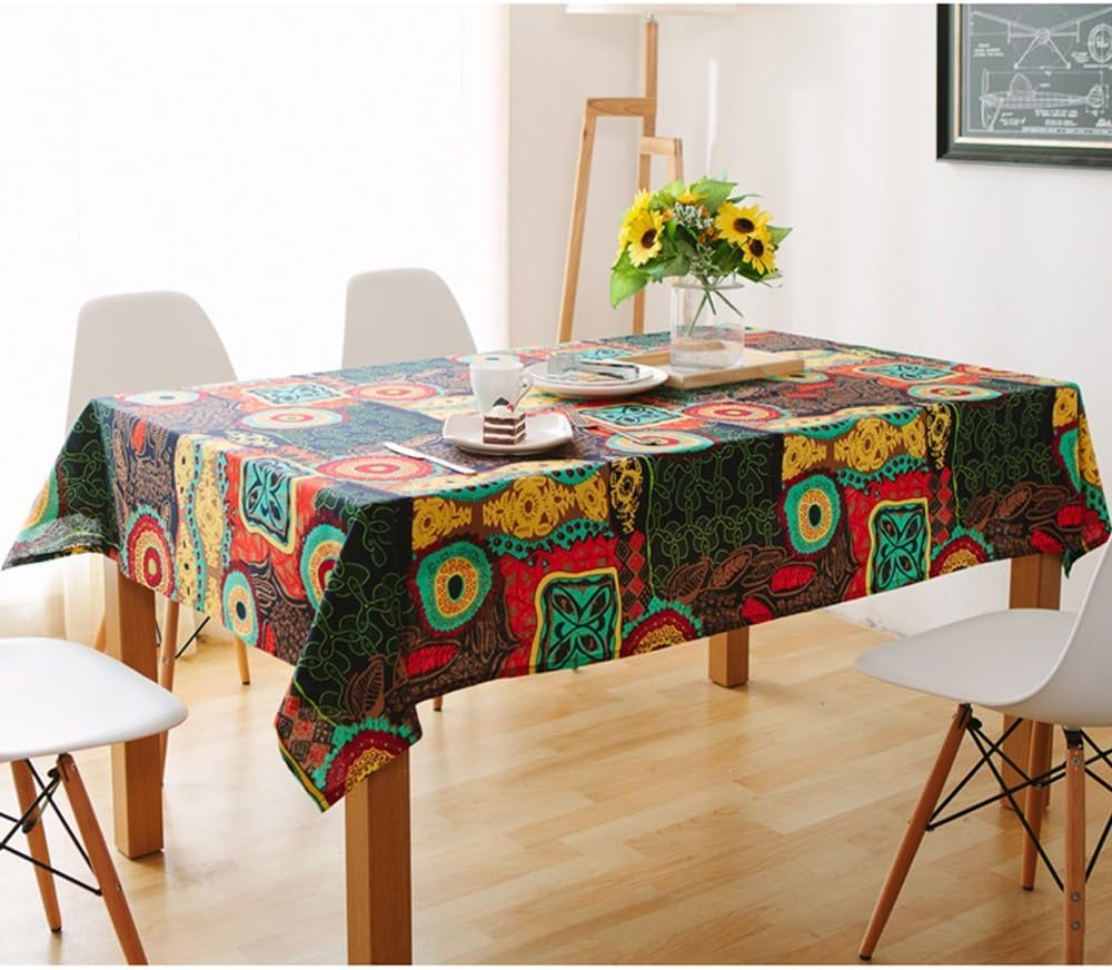Bringsine Washable Rectangular Cotton Linen Colorful Flower Print Tablecloth, Vintage Dinner Picnic Table Cloth Home Decoration （Rectangle/Oblong, 55 x 87 Inch）