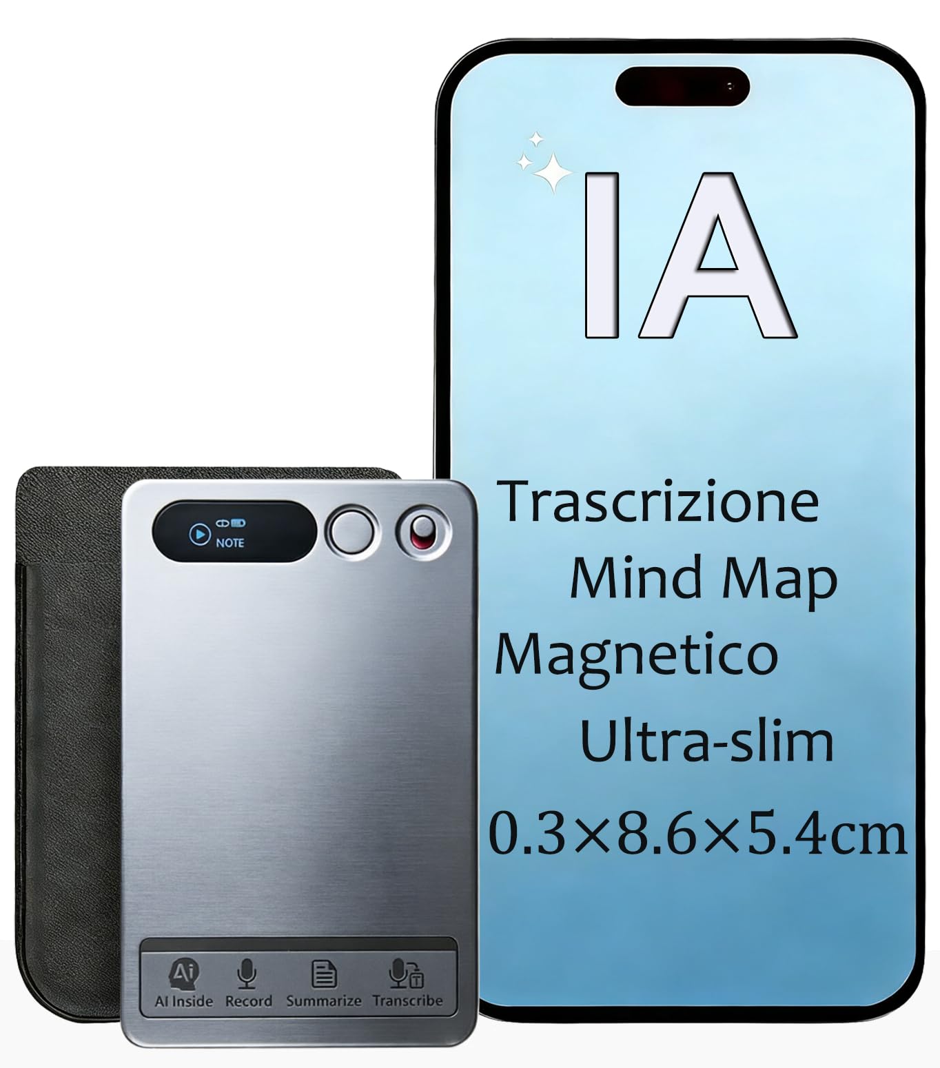 Registratore Vocale AI con Trascrizione, Mappa Mentale, Ultra Sottile Magnetico, Controllo APP, 152 Lingue, per Lezioni Riunioni Interviste