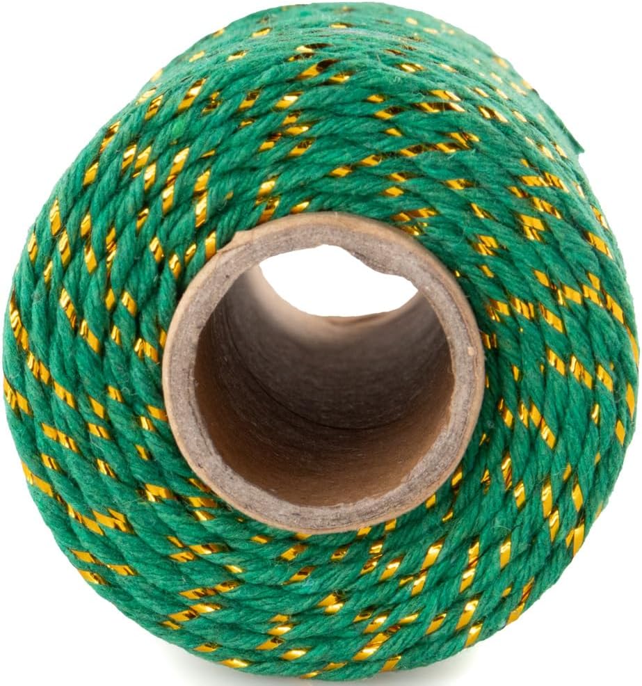 Craft County Decorative Holiday Cotton Gift Wrapping Twine – Gold Wire Green (100M Tube)