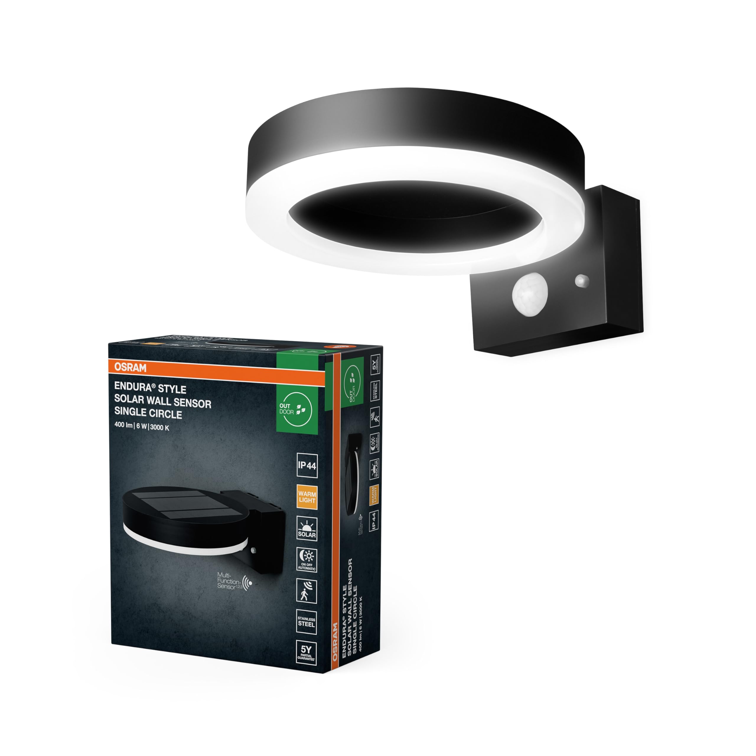 OSRAM ENDURA Style Solarna lampa ścienna, czarna, stal nierdzewna, IP44, czujnik ruchu i światła dziennego, zasilana energią słoneczną, idealna do stosowania na zewnątrz