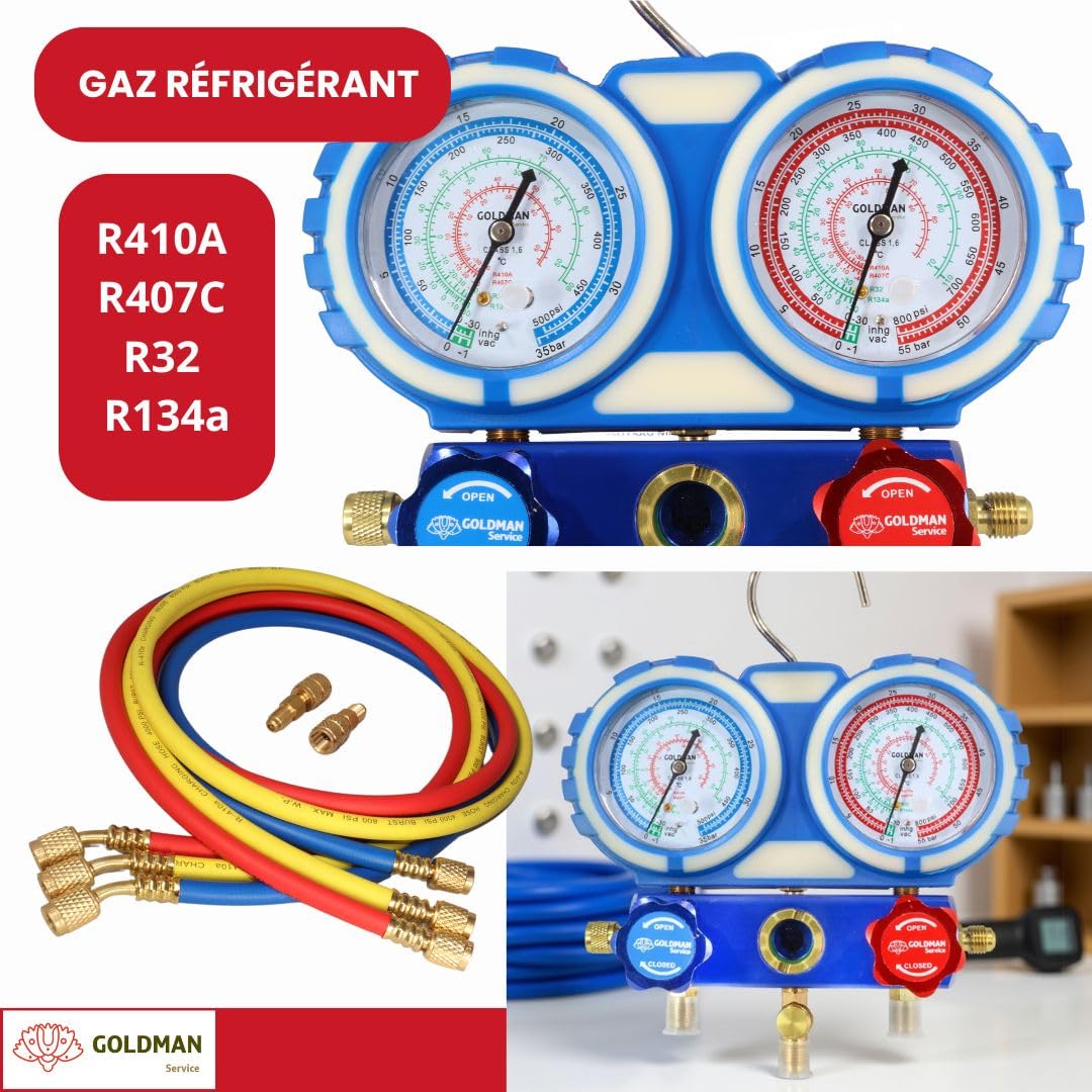 GOLDMAN SERVICE | Kit Manomètre Climatisation avec 3 Tuyaux de Recharge et Mesure de Gaz Réfrigérant Voiture AC | R410A R407C R32 R134a