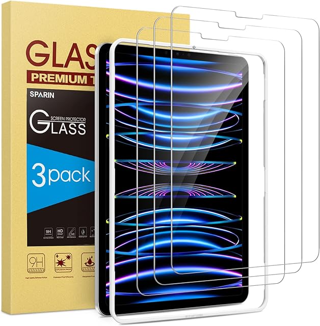 SPARIN 3 PACK for iPad Pro 11 Inch 2022/2021 (All Models) / iPad Air 5th Generation 2022 Screen Protector, for iPad Air 4 2020 Tempered Glass Film with Installation Frame